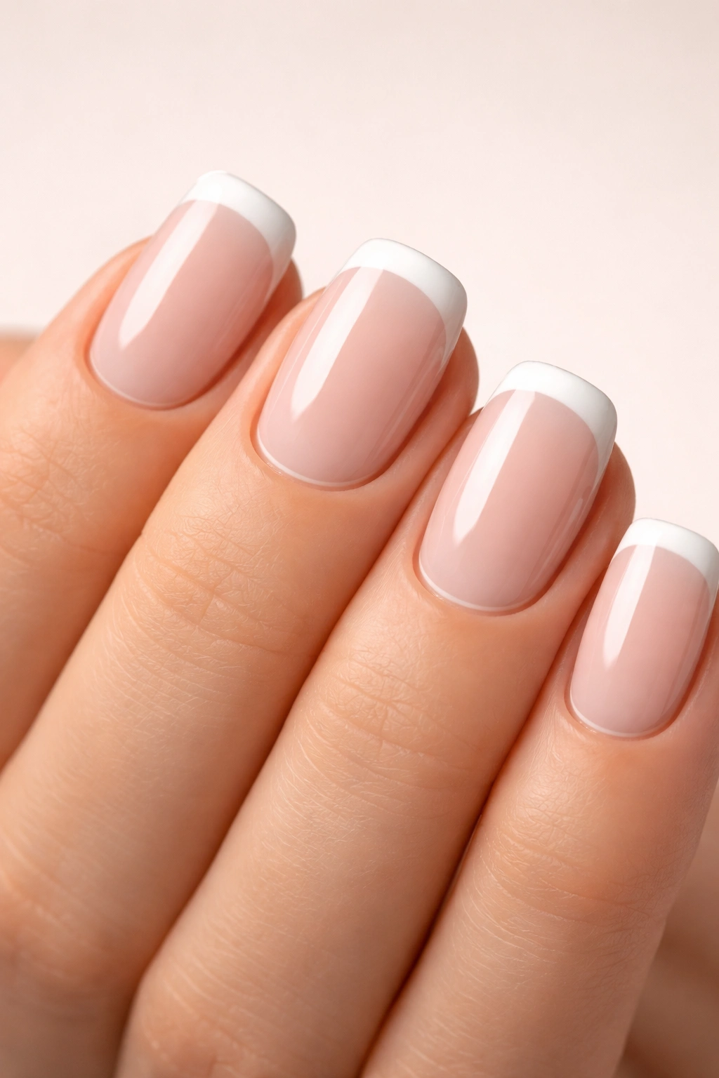 Close-up of soft blush squoval nails with white tips and a thin nude liner