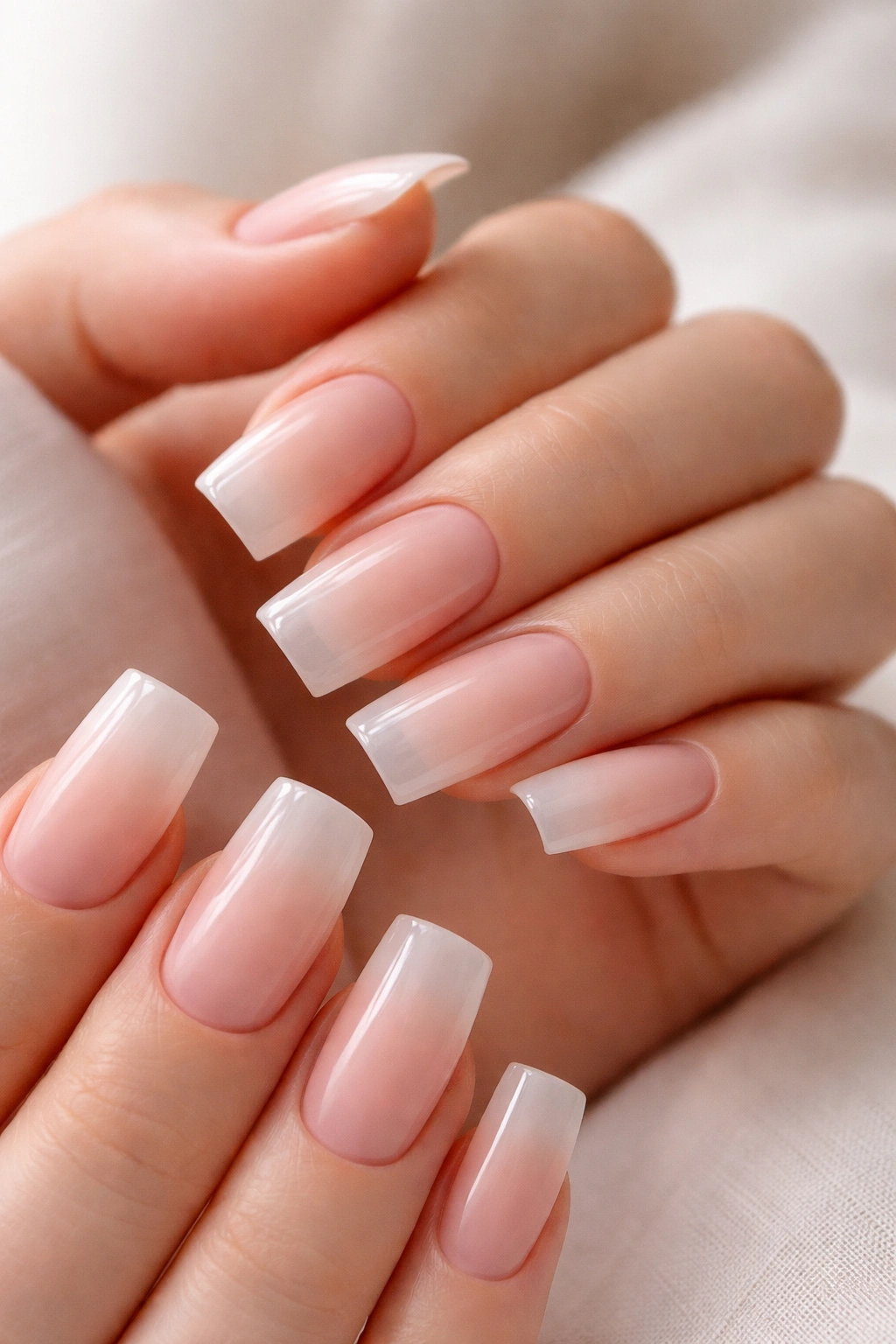 Close-up of nails with barely-there blush to nude ombre in a matte finish