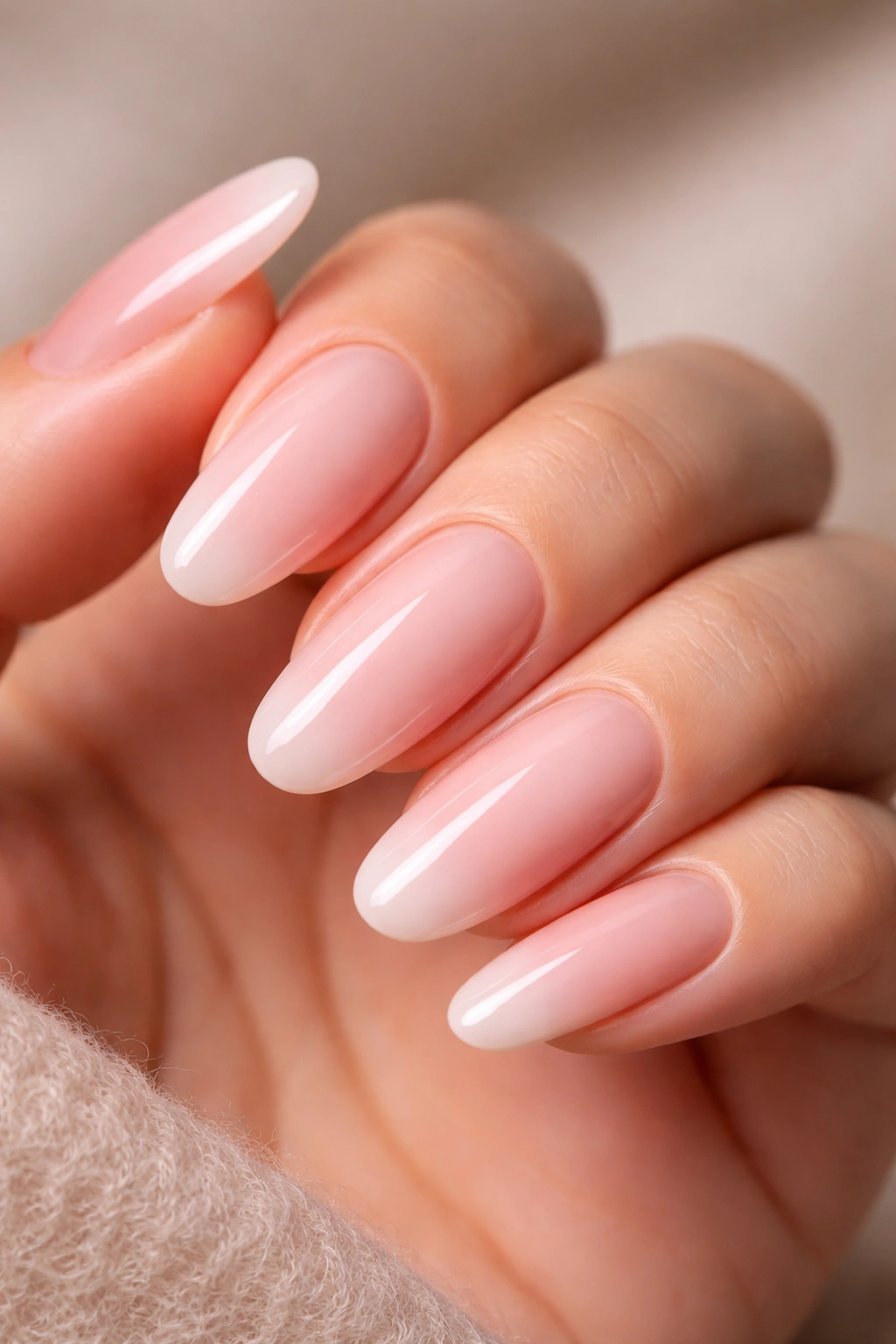 Close-up of long round nails with soft blush pink and barely-there ombre