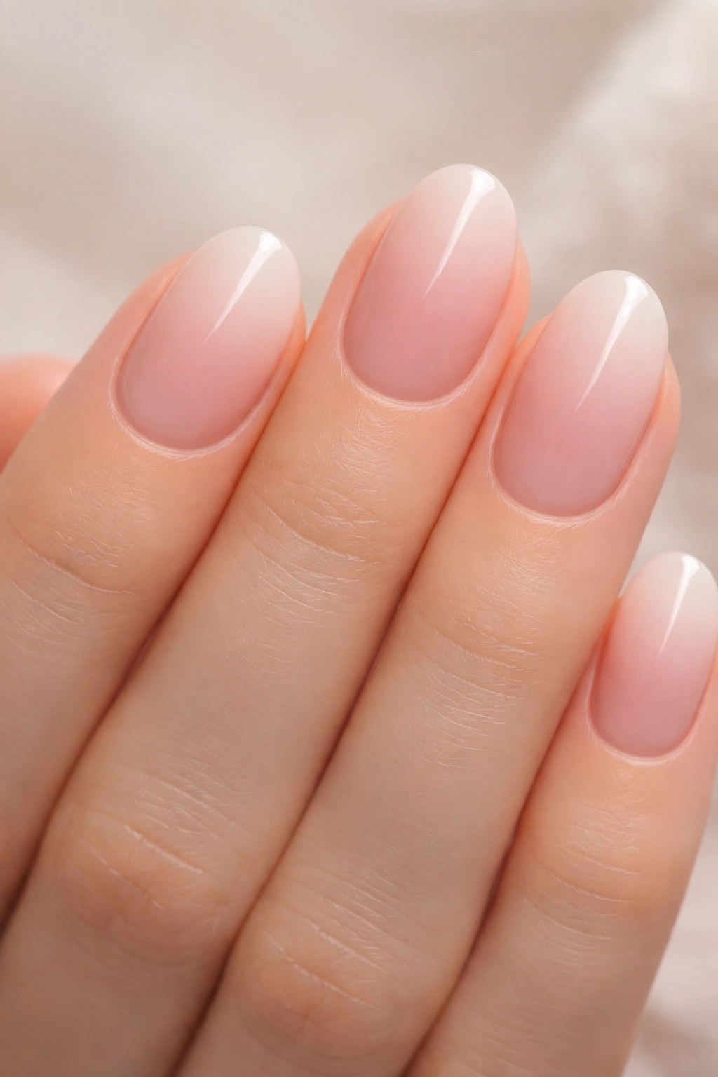 Close-up of short oval nails with blush ombré gradient