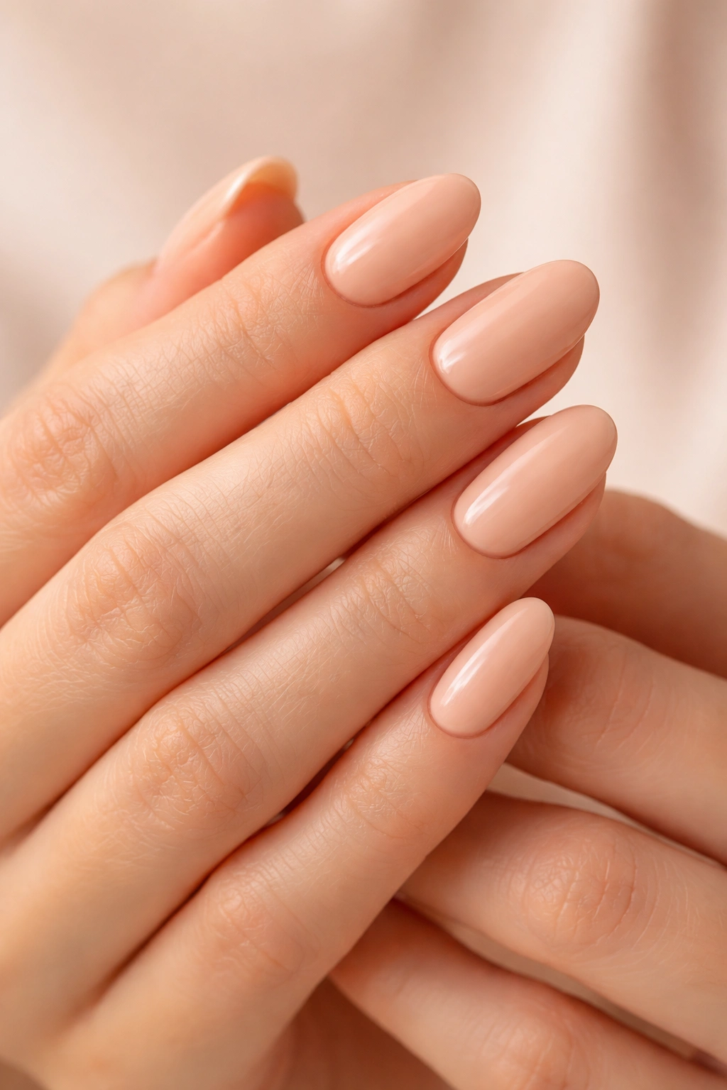 Close-up of hands with soft blush peach nails manicure