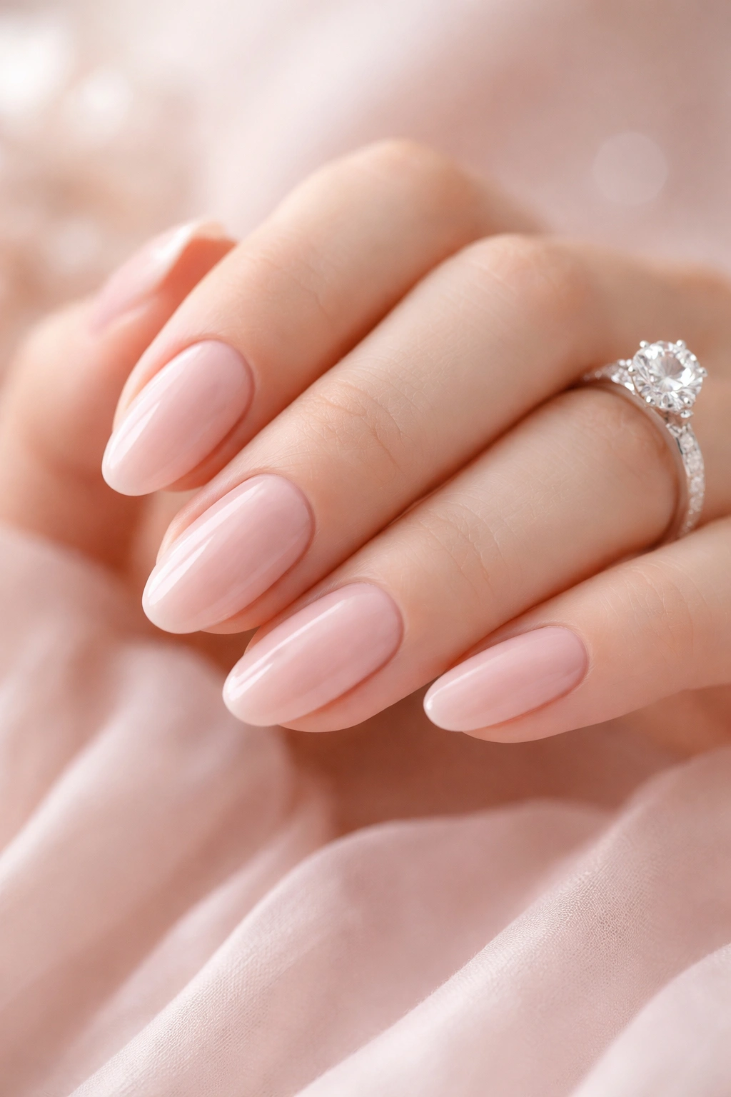 Hand with soft blush pink nails in gentle studio lighting