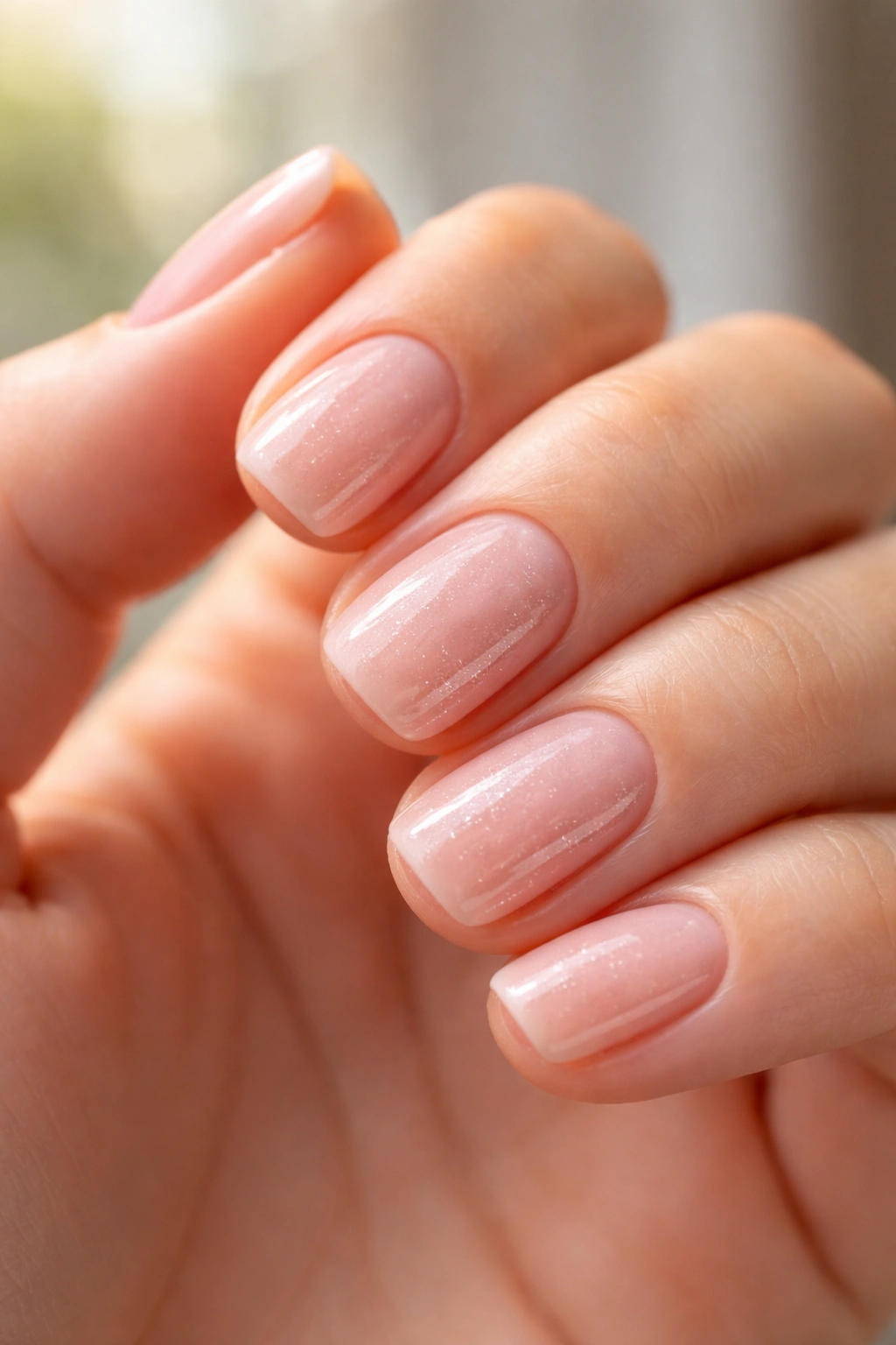 Close-up of short squoval nails with soft blush and fine shimmer