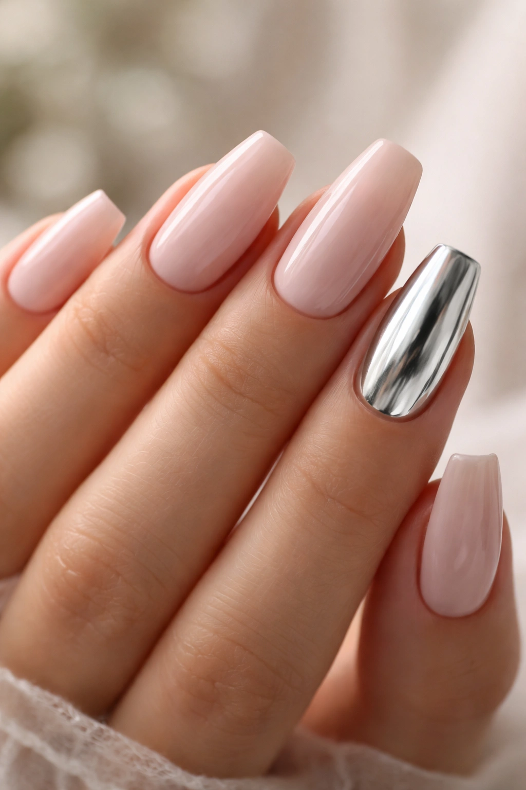 Close-up of soft blush coffin nails with one silver accent nail for wedding glamour