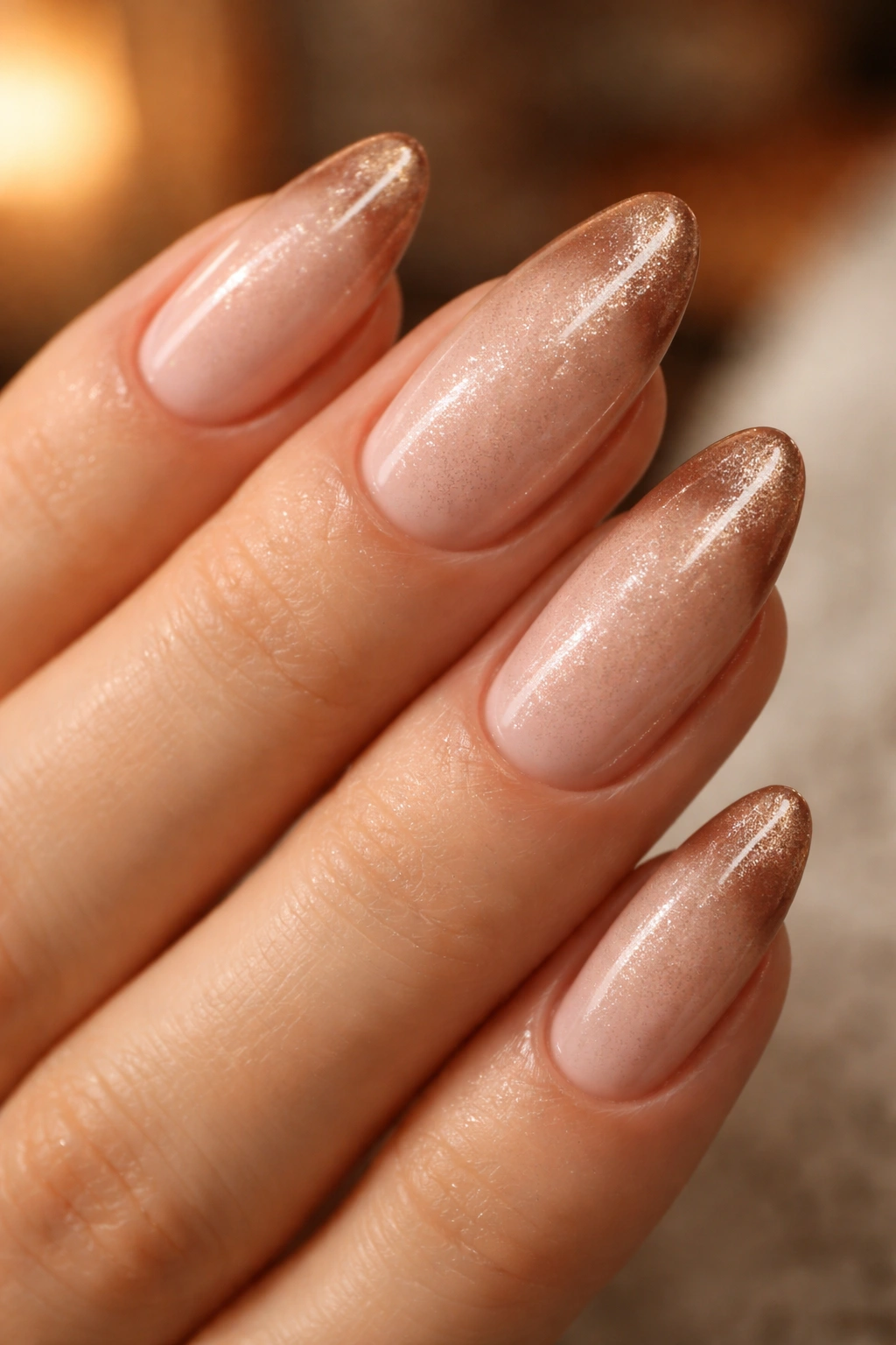 Almond nails with soft bronze tips and fine shimmer veil in warm light.