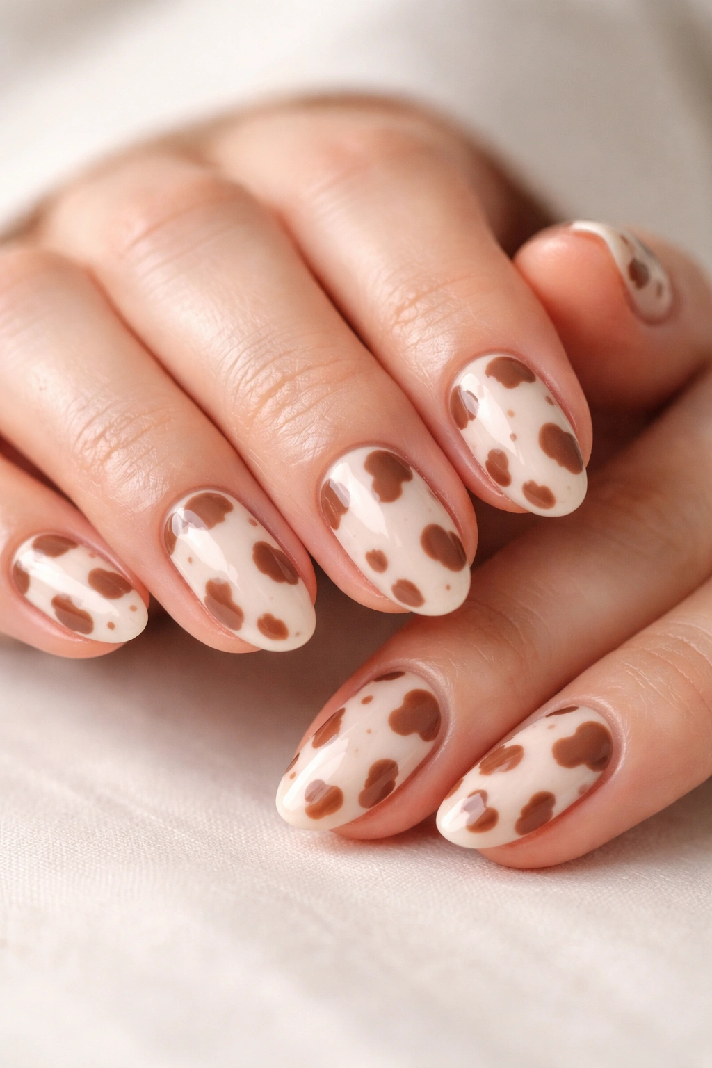 Close-up of soft brown cow print on milky beige glossy nails