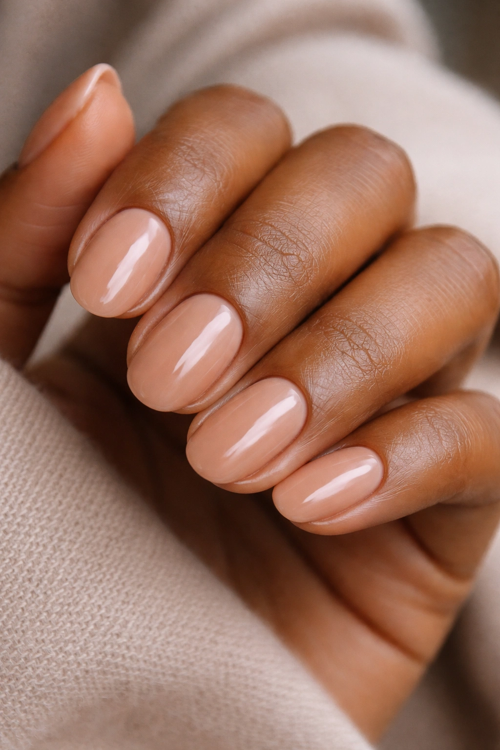 Close-up of short oval nails with caramel neutral overlay