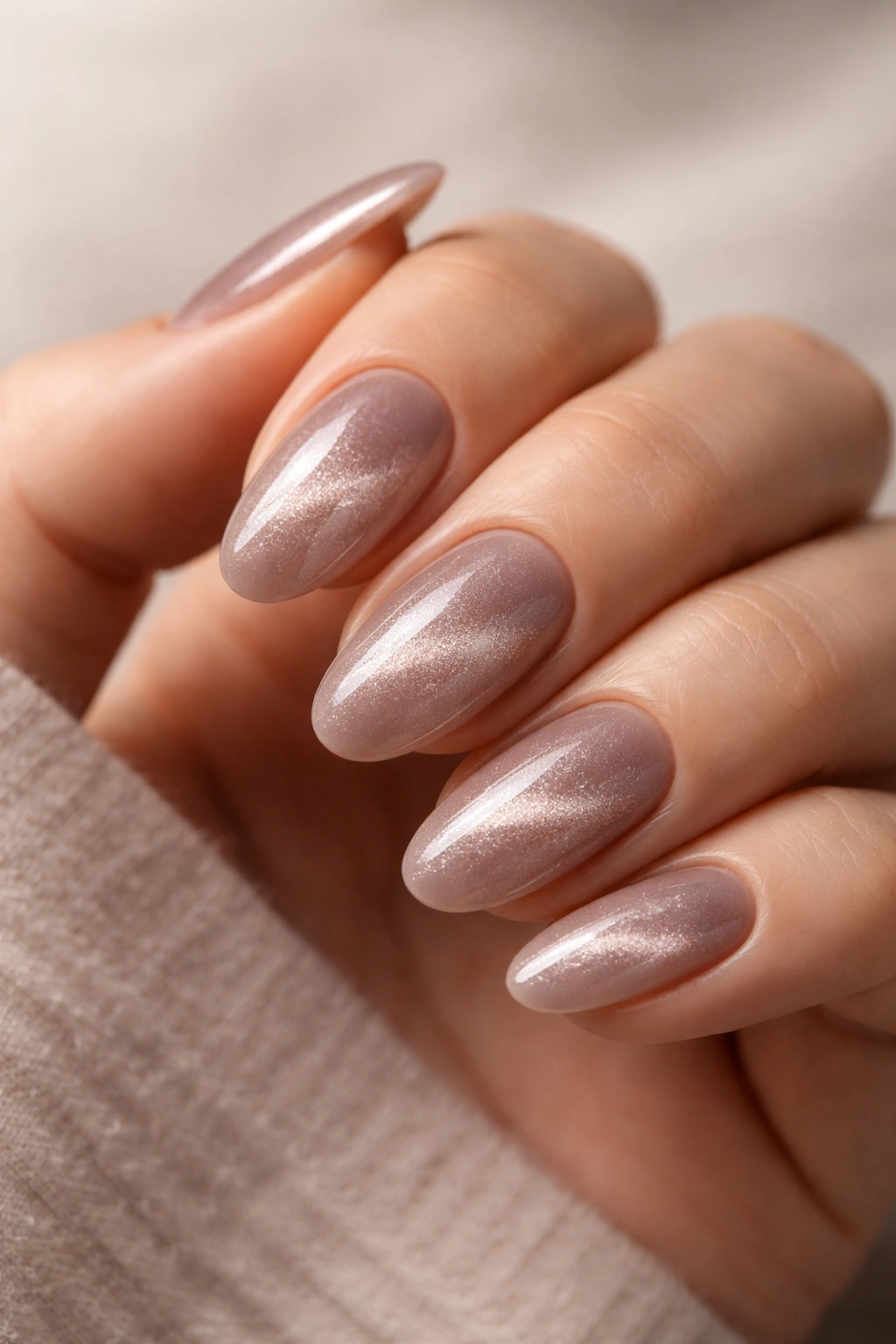 Close-up of soft cat-eye glow nails with magnetic shimmer on a short almond shape