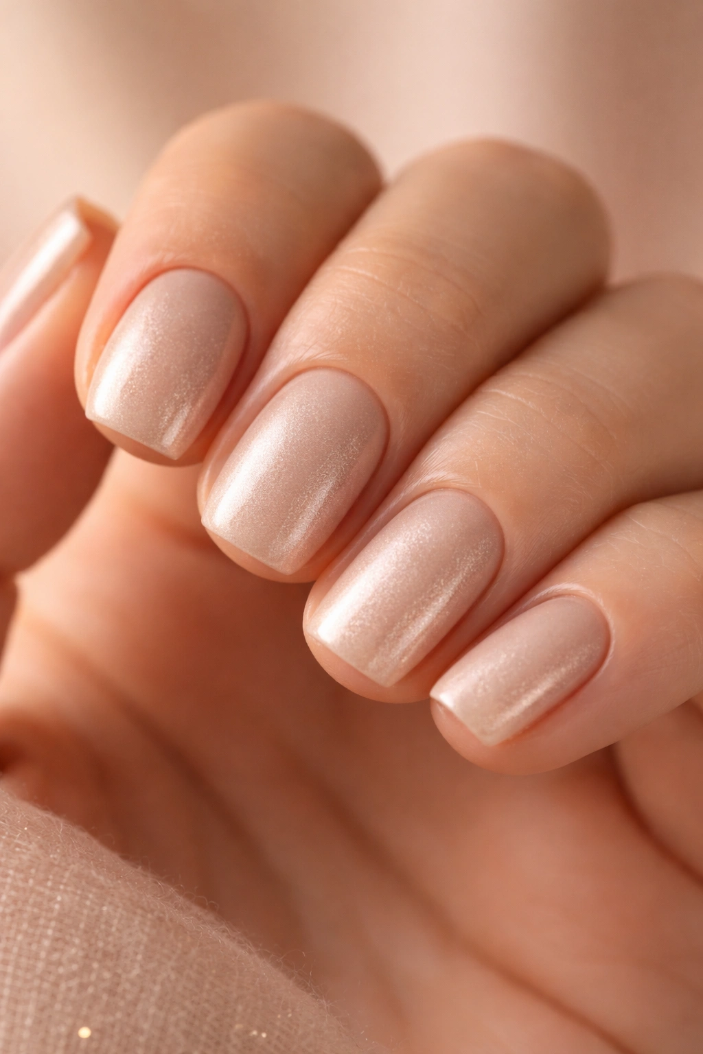 Close-up of short squoval nails in soft champagne shade with subtle shimmer