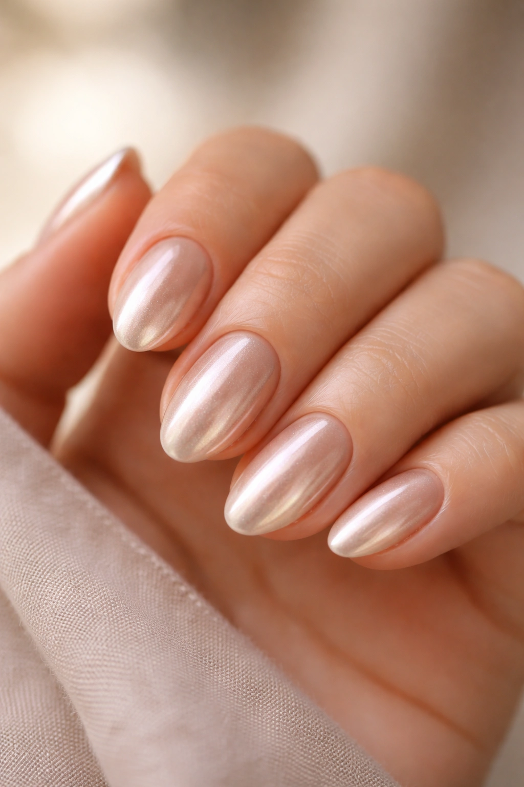Close-up of a short almond nail with soft champagne chrome finish