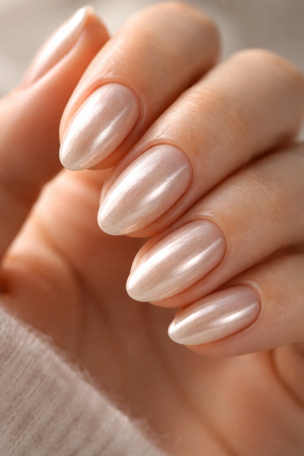 Close-up of a short almond nail with a pearly champagne chrome glaze.