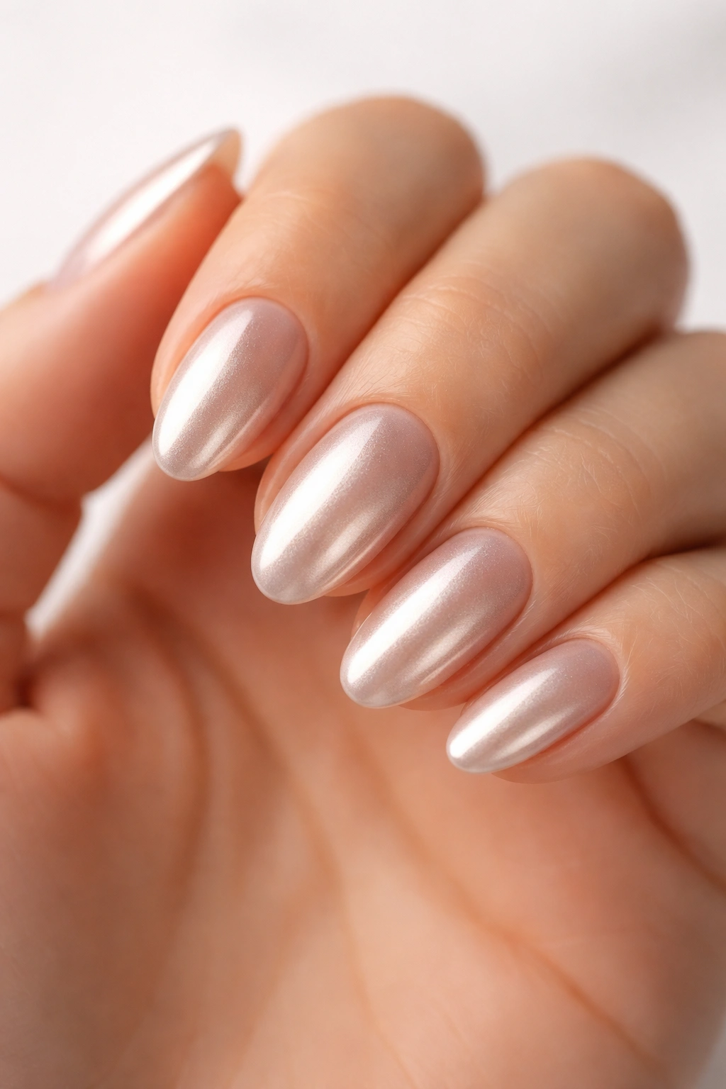 Close-up of short almond nails with soft champagne chrome finish on a pale hand