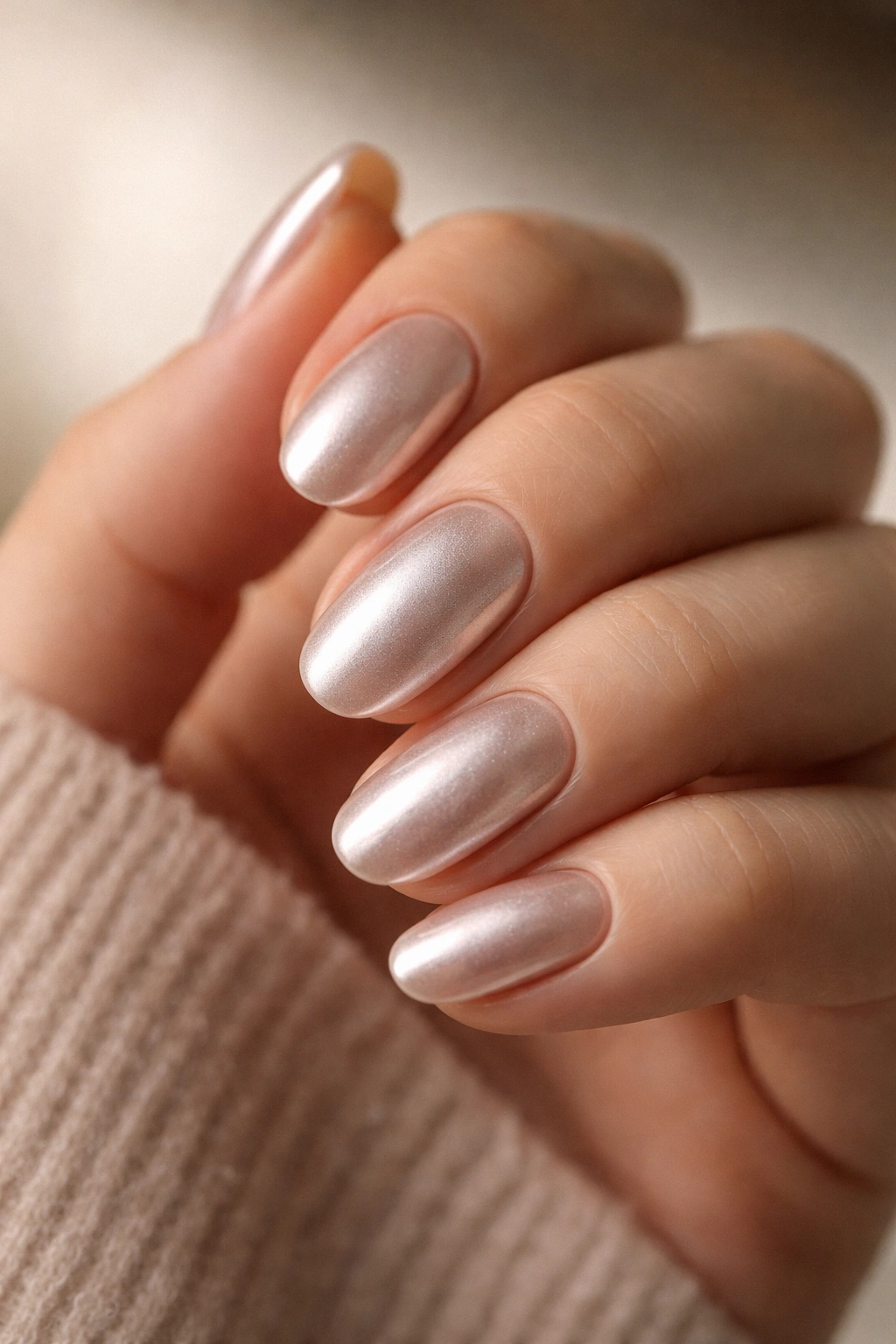 Close-up of soft chrome short oval builder gel nails on a hand