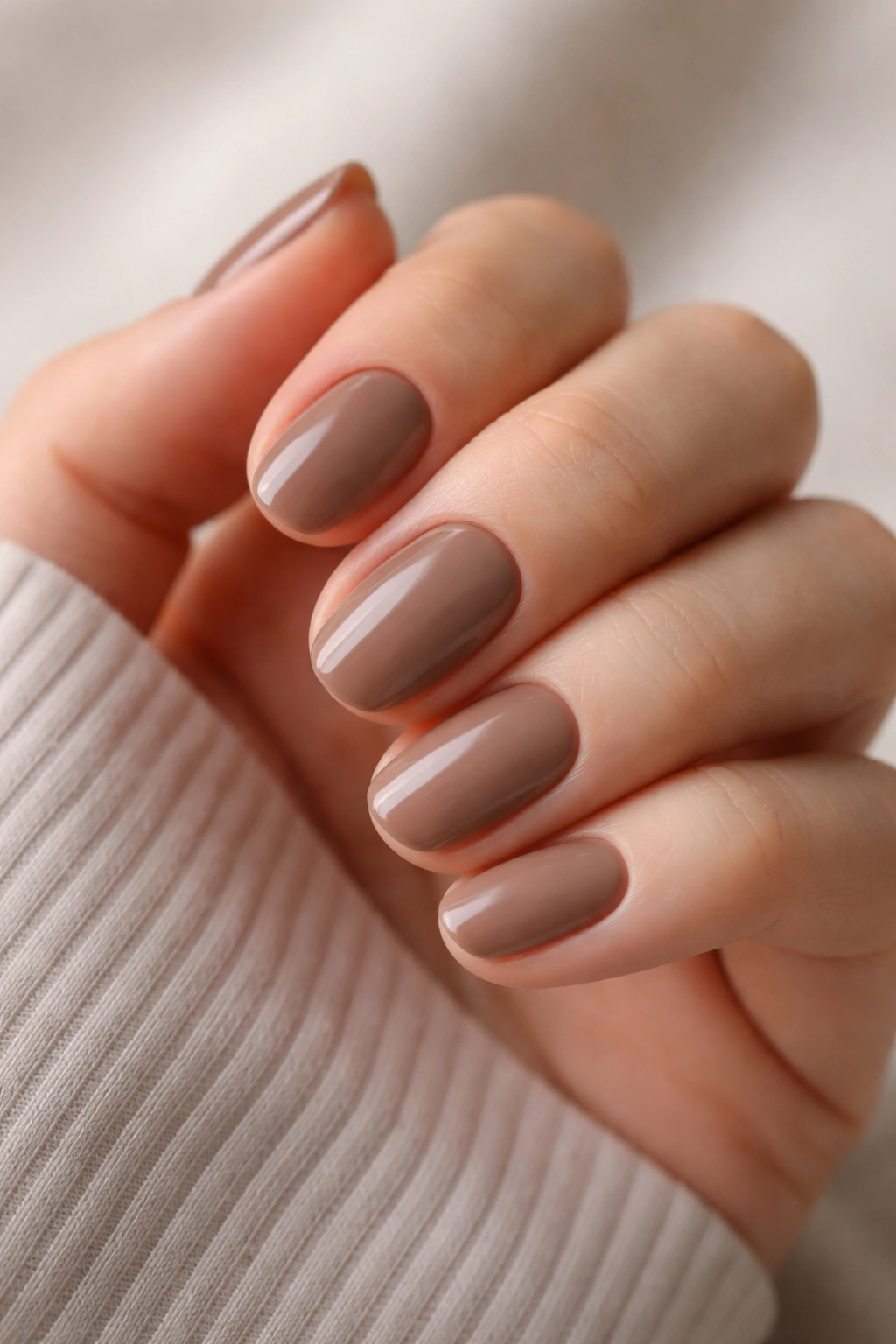 Close-up of soft cocoa oval nails on short nails with a creamy brown shade and glossy finish