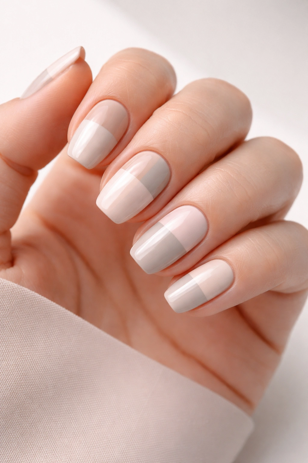 Close-up of a hand with soft color block nails in muted beige and pastel tones.