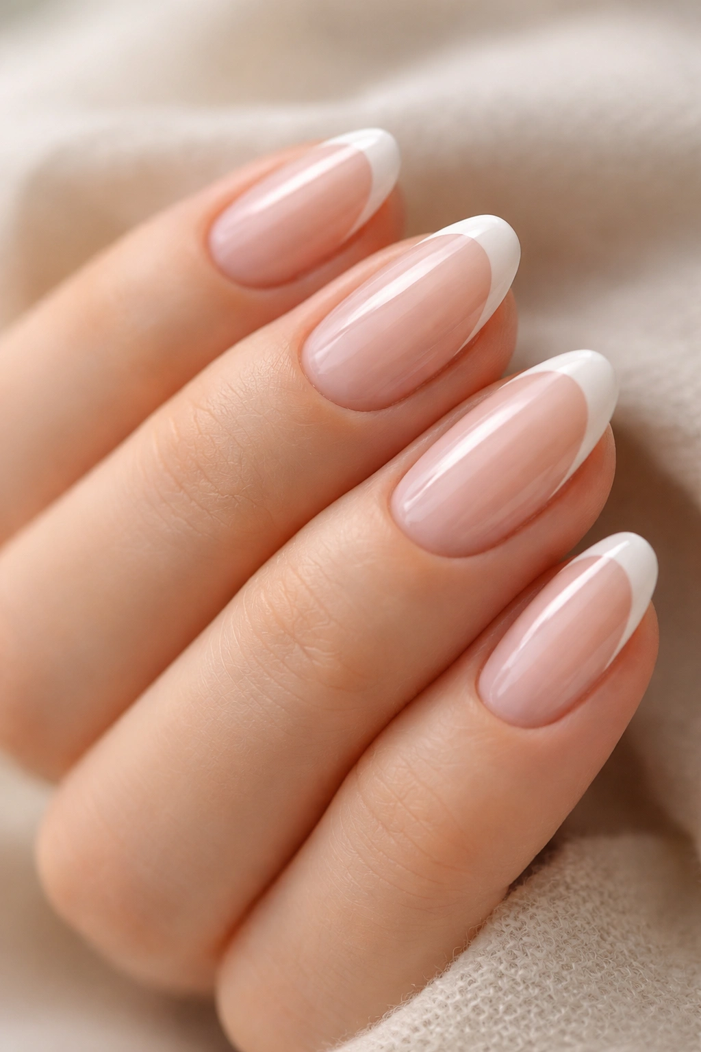 Close-up of extra-short almond nails in milky pink and warm nude tones