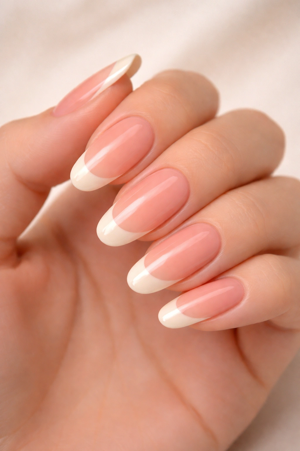 Close-up of long round nails with soft coral base and cream tips