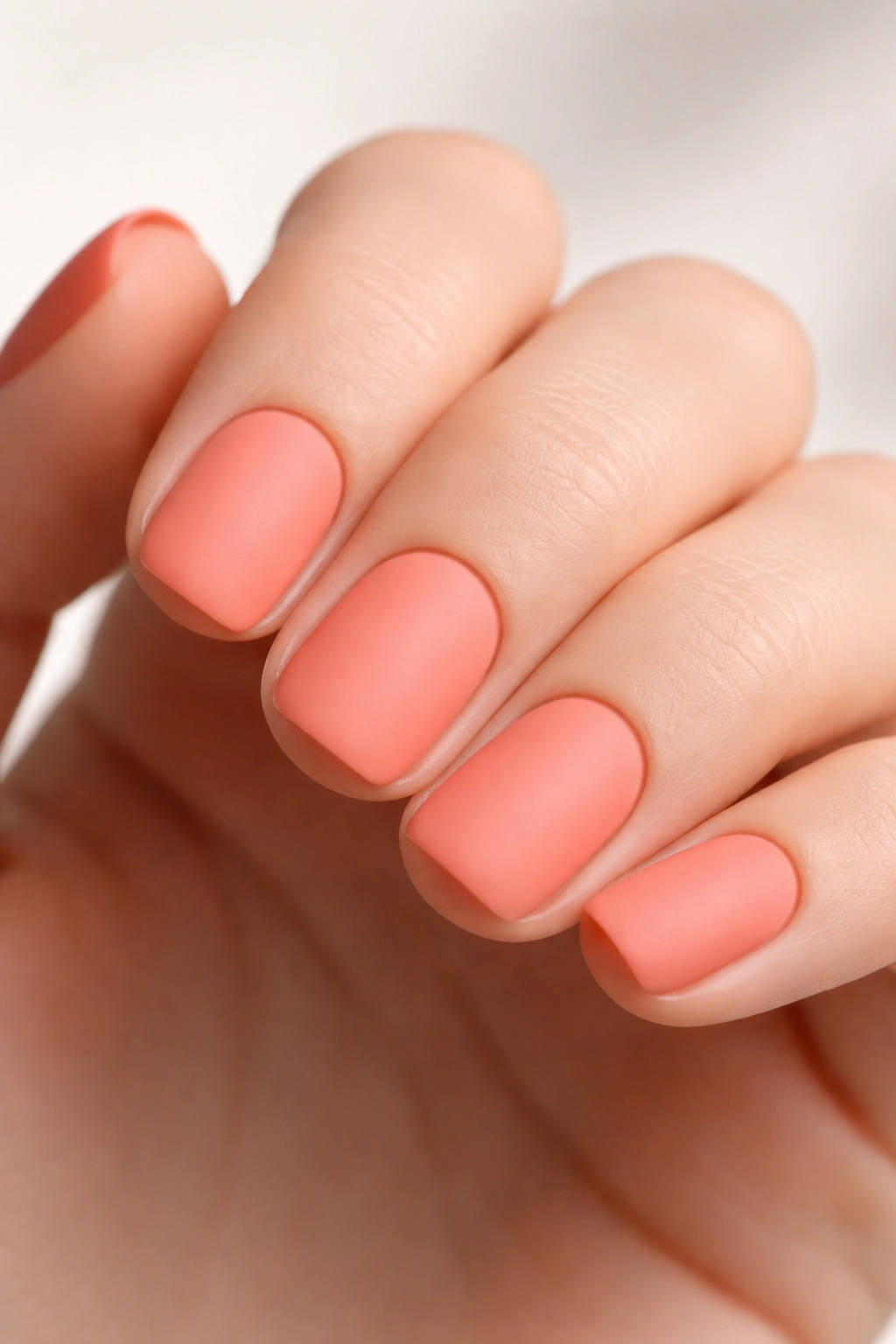 Close-up of soft coral squoval nails with a matte finish