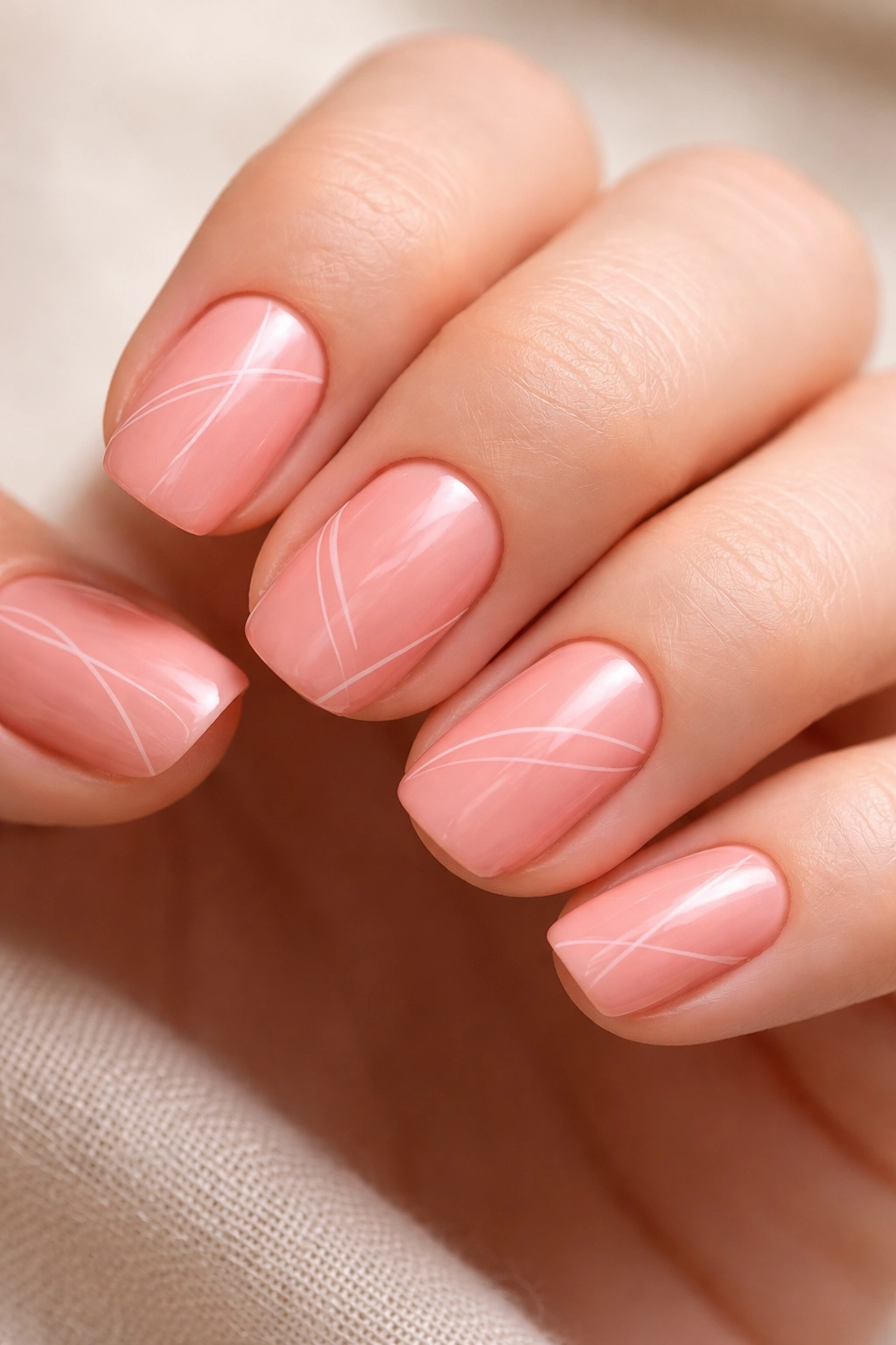 Soft coral nails with delicate white line art on short squoval nails