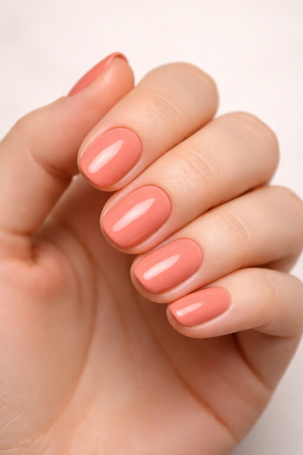 Close-up of a hand with short round nails painted soft coral solid color