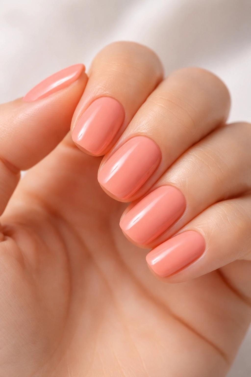 Close-up of short squoval nails painted in soft coral with a glossy finish