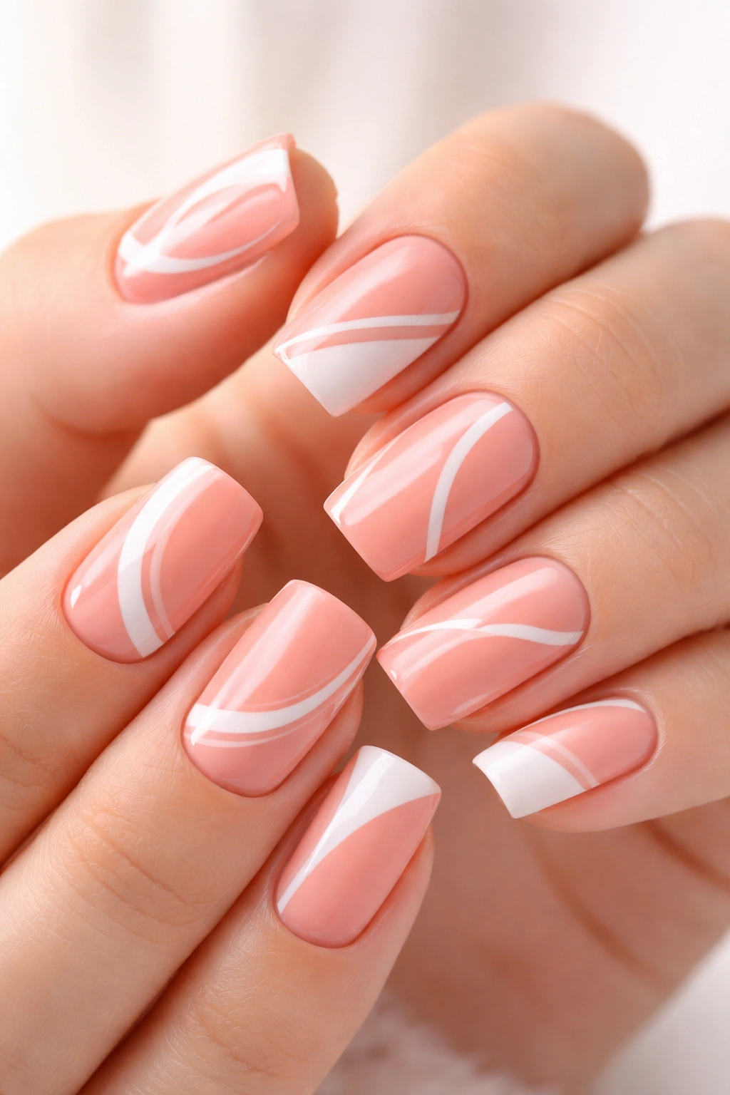 Close-up of soft coral nails with white negative-space designs