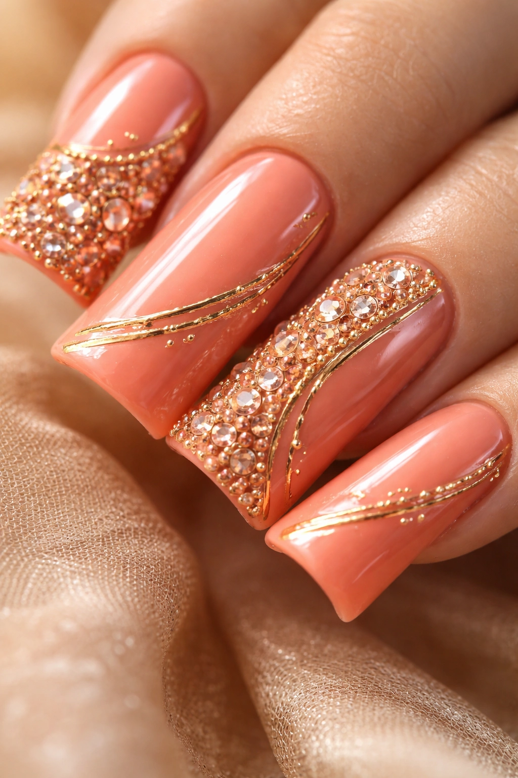 Macro shot of soft coral duck nails with peach rhinestones and gold accents