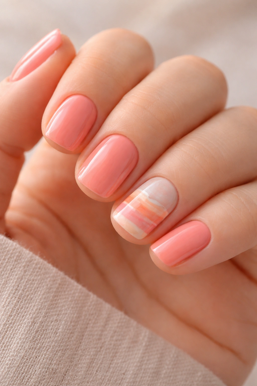 Close-up of soft coral squoval nails with watercolor sunset accents on accent nails