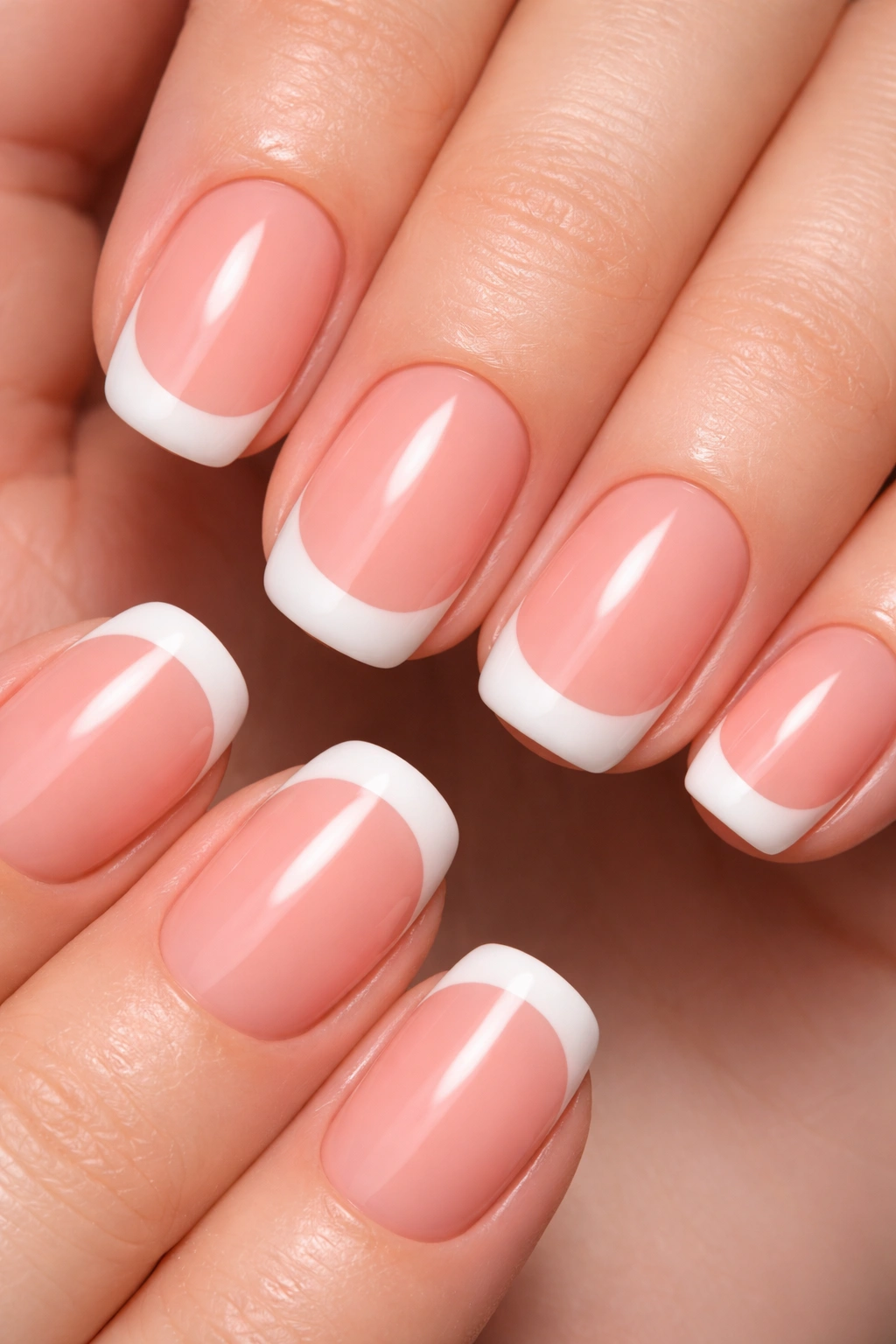 Close-up of soft coral nails with white tip