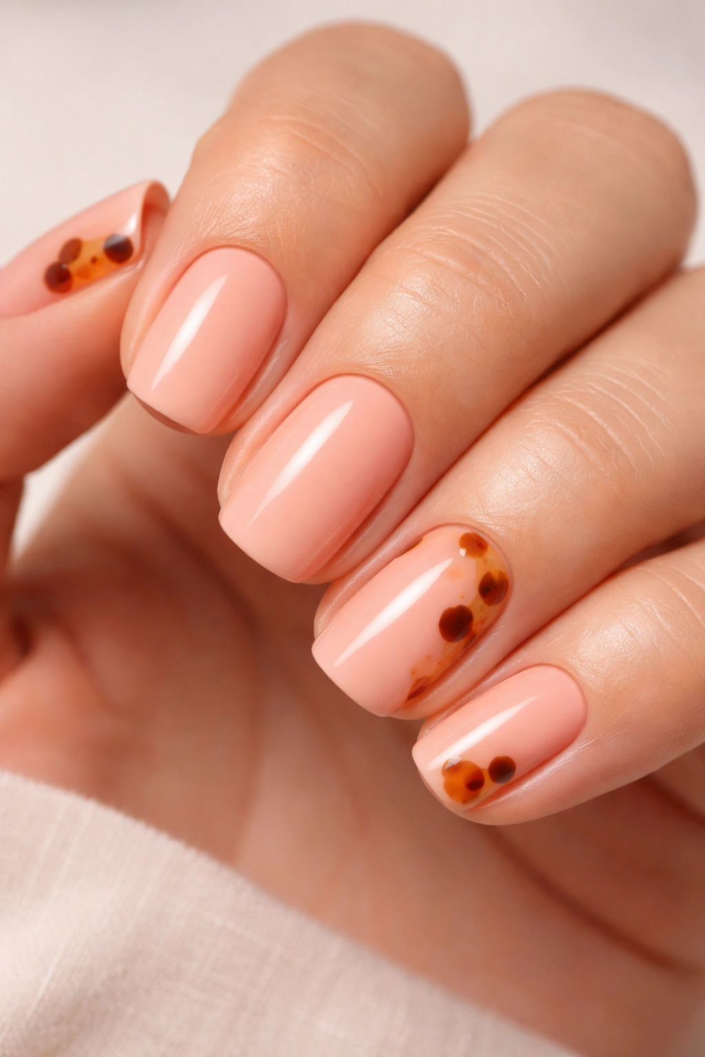 Close-up of soft coral squoval nails with minimalist tortoiseshell pattern