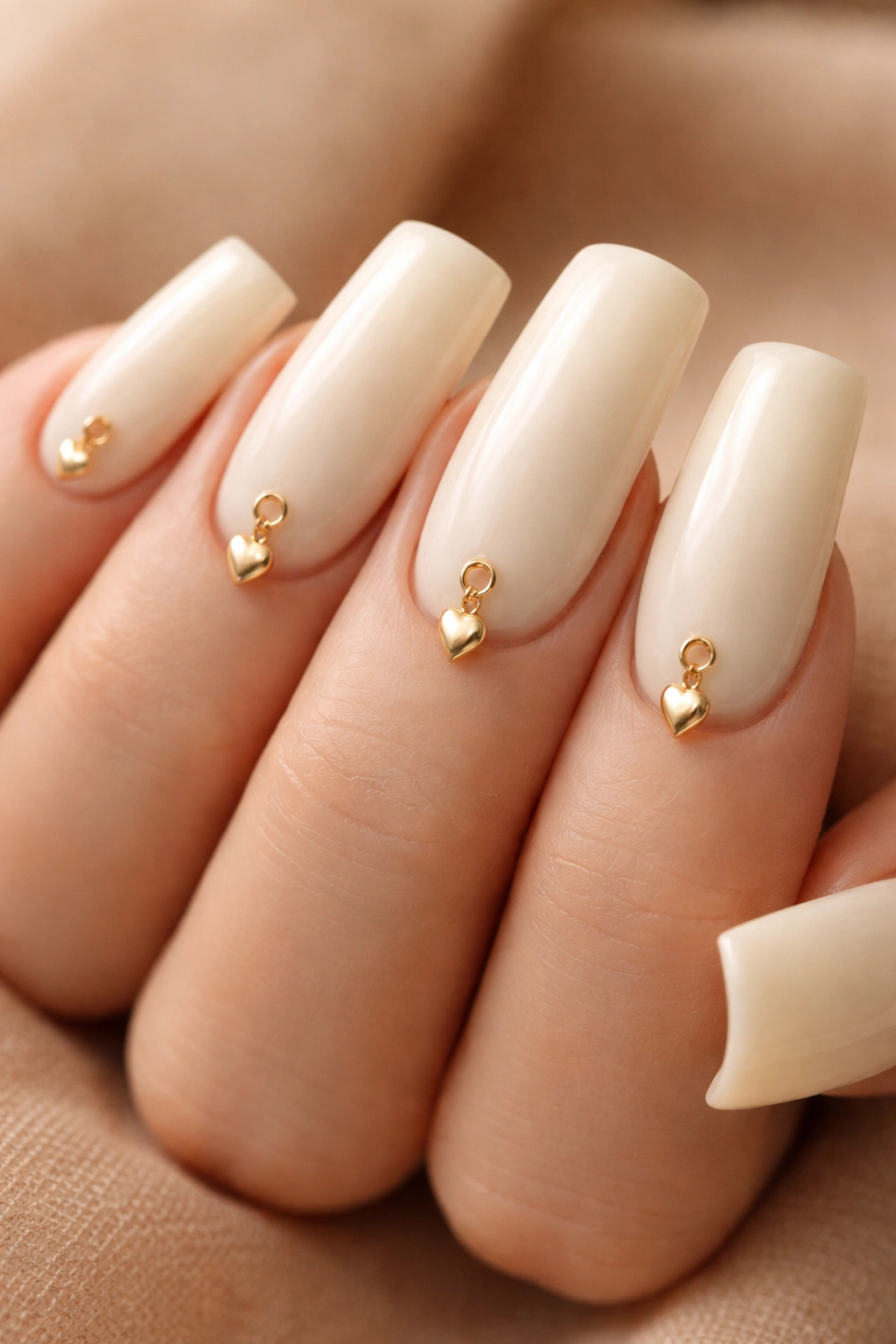Close-up of soft cream duck nails with gold heart charms