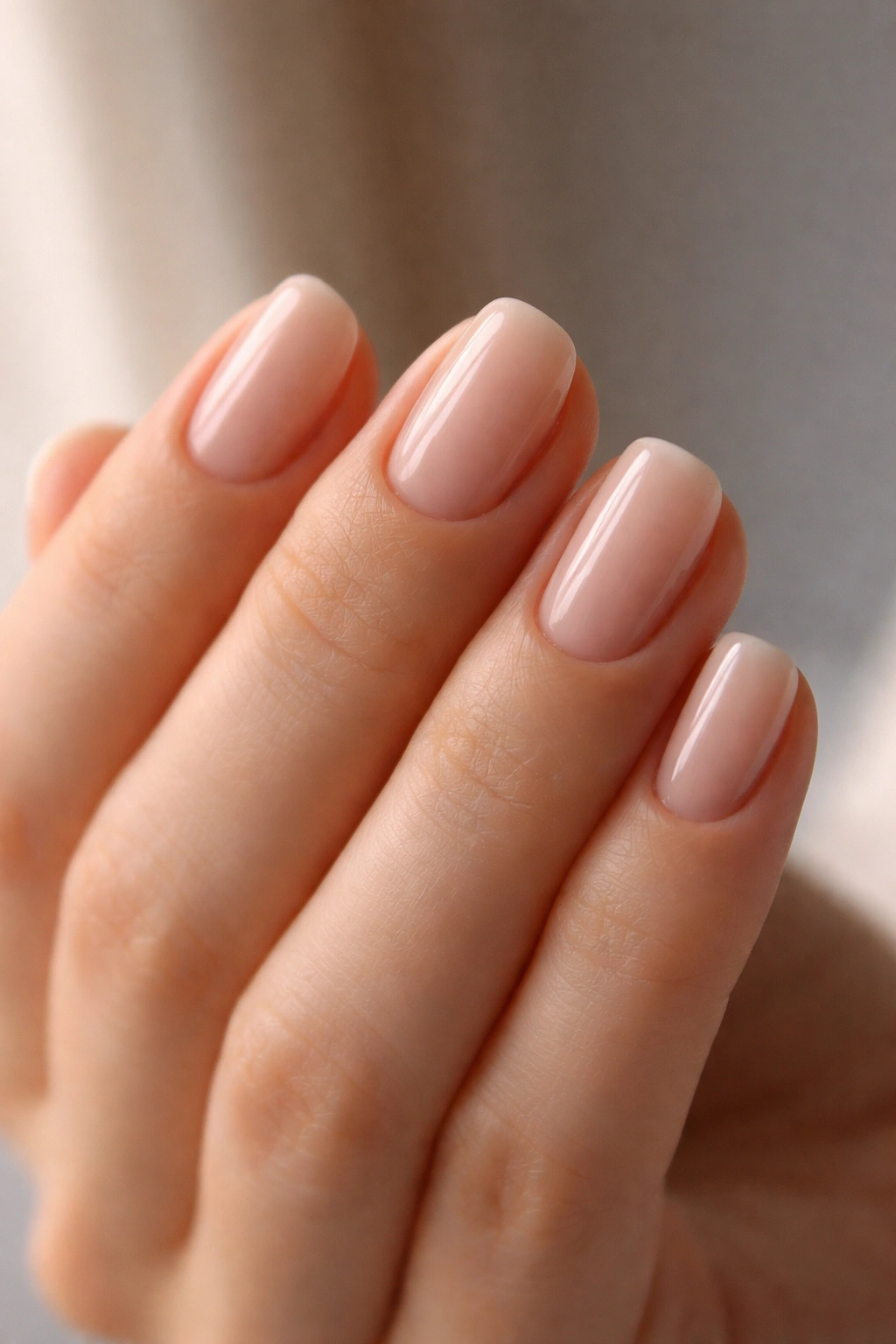 Close-up of soft-edged short square-oval nails with glossy finish
