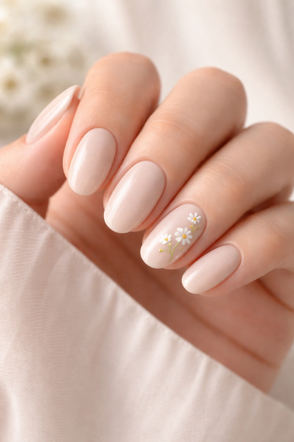 Close-up of nails with a cream neutral base and tiny white daisies