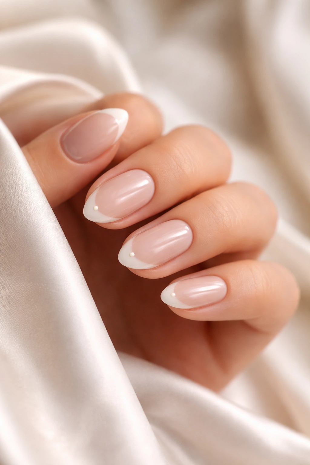 Close-up of short almond nails with a soft ivory French tip