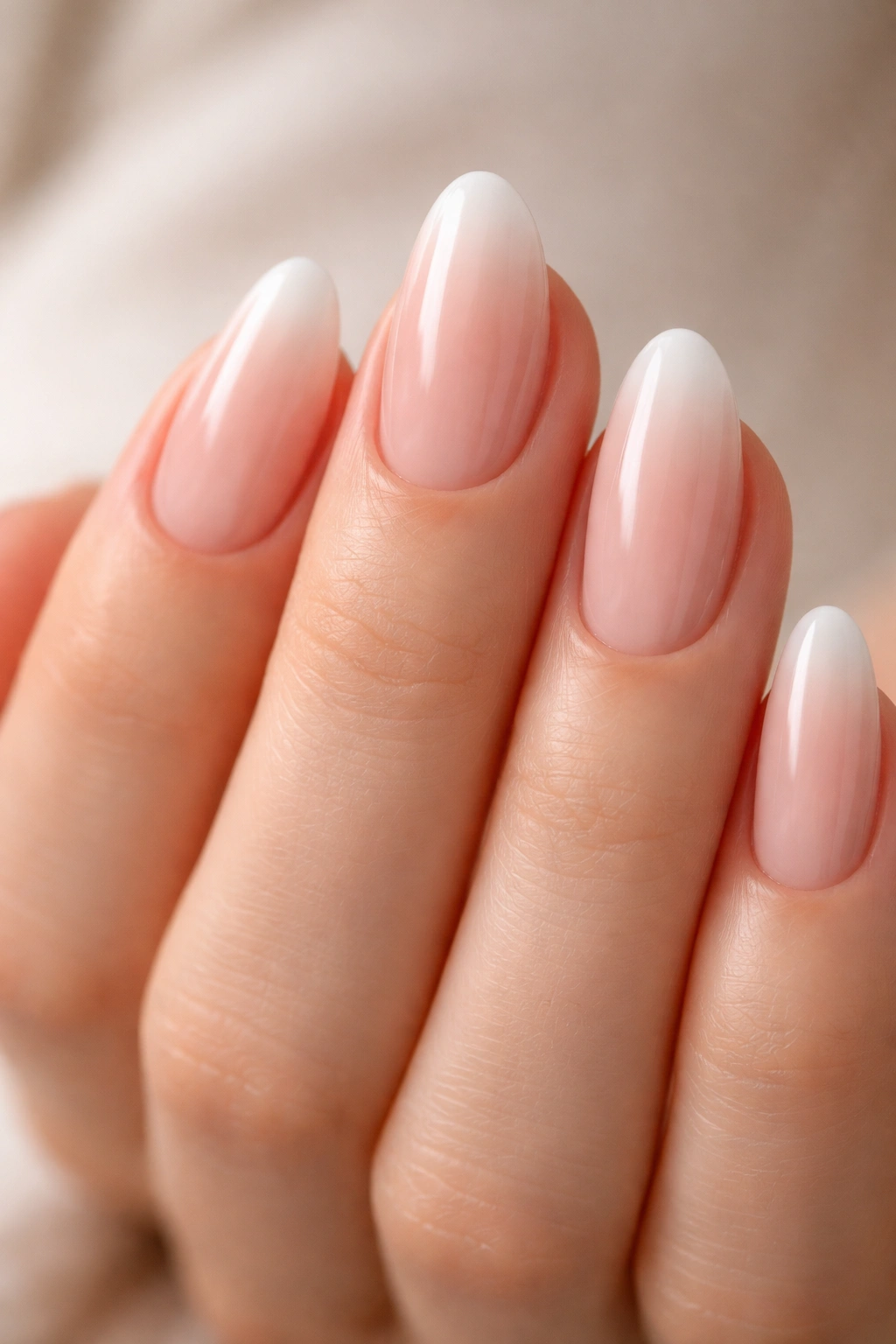 Short almond nails with soft French airbrush tip and sheer base