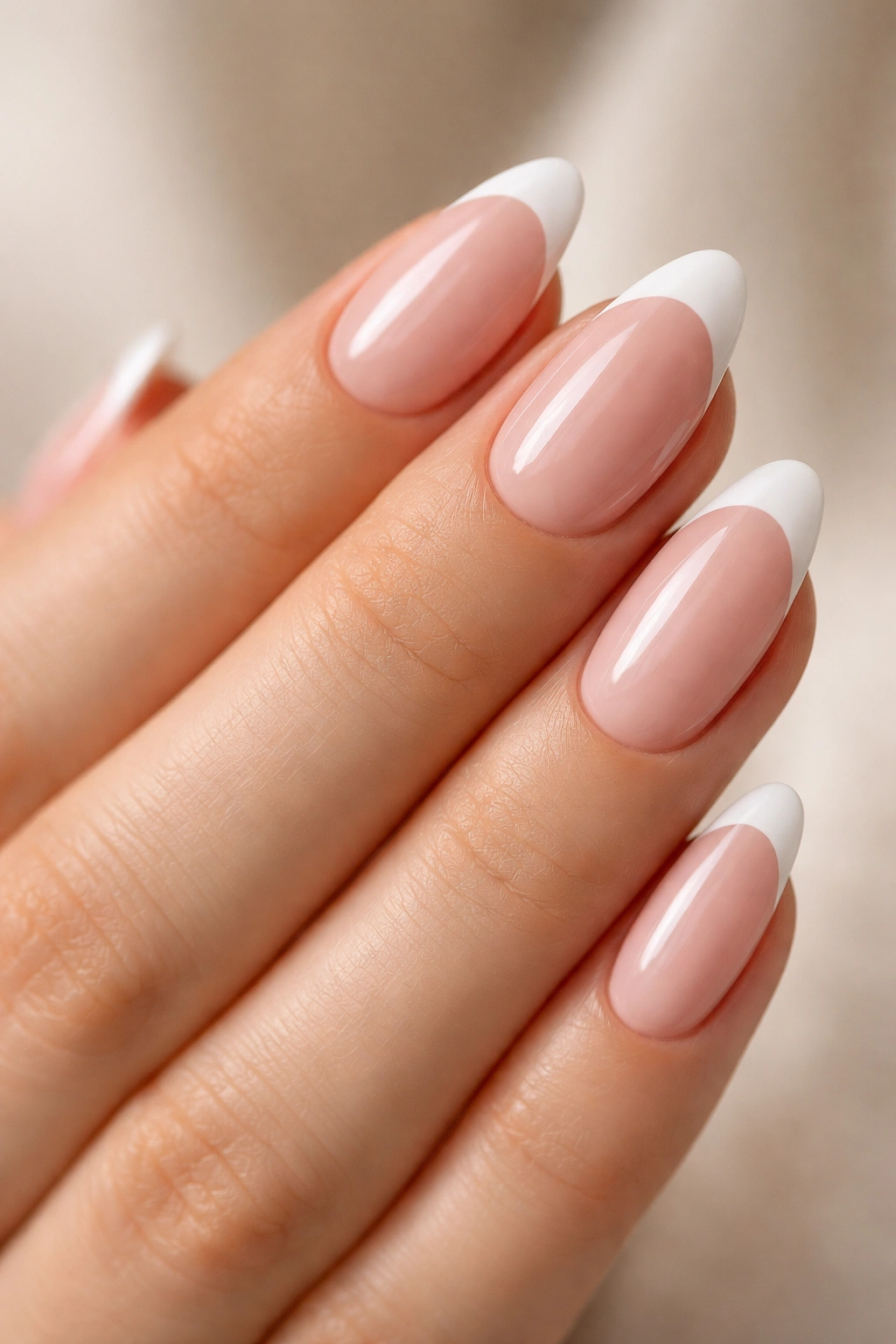 Close-up of soft French almond oval nails with a sheer pink base and slim white tip