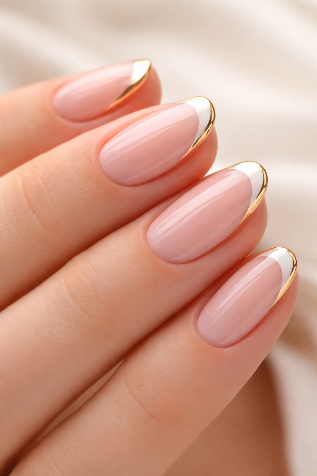 Nails with sheer pink base, white tips, and a thin gold edge at the boundary.
