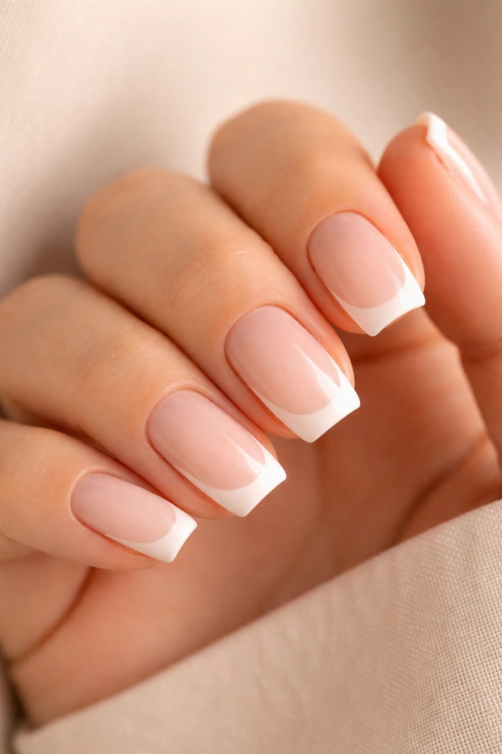 Close-up of soft French square-oval nails with sheer pink base and pale white tips