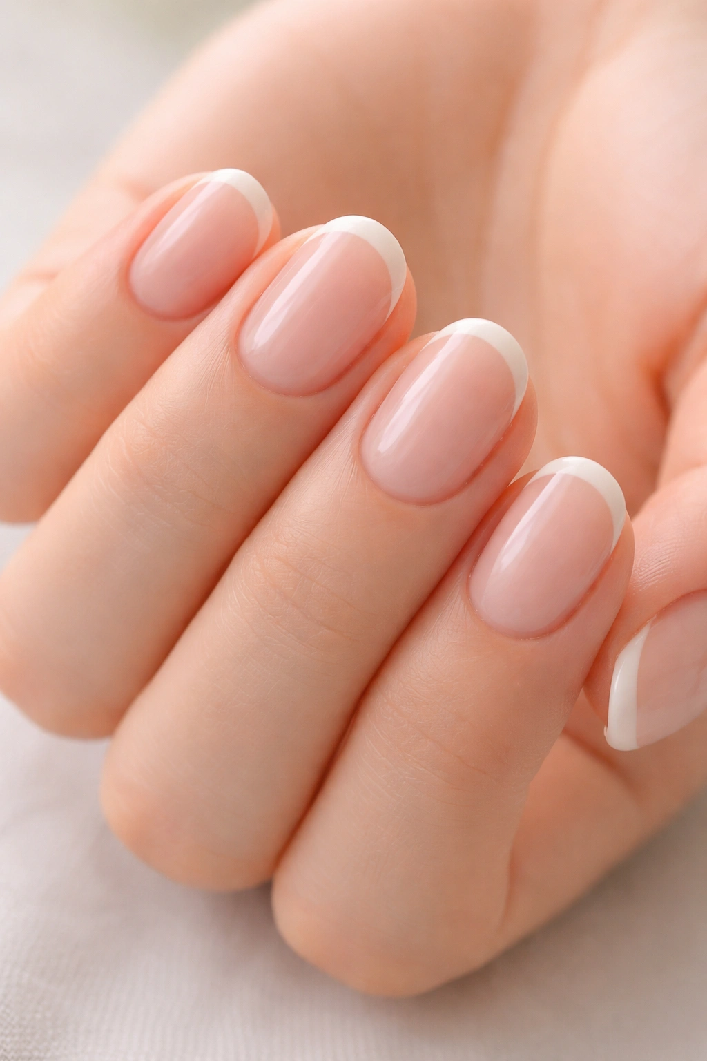 Close-up of short oval nails with soft French tips