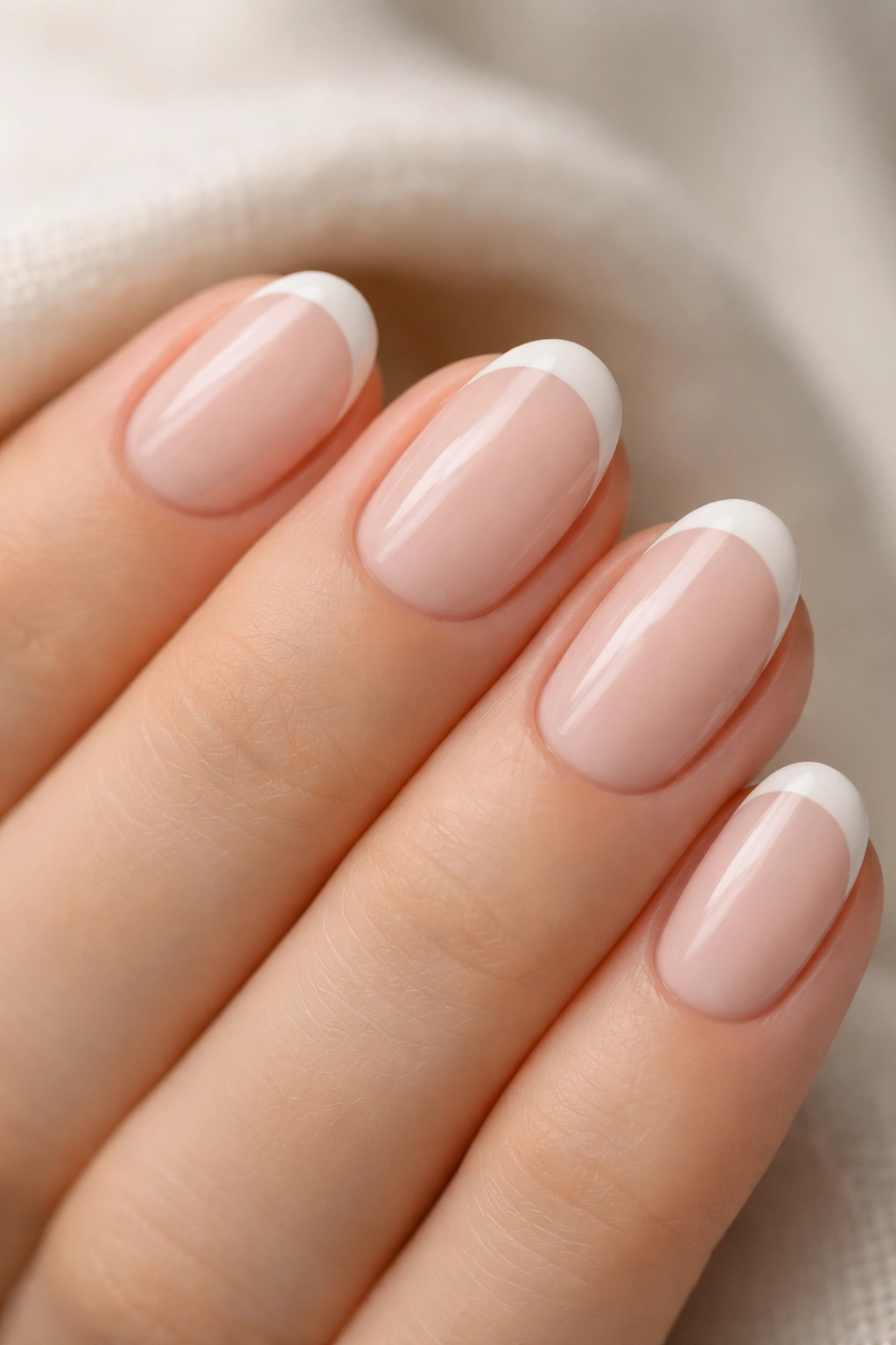Close-up of short oval nails with a thin curved French tip on a neutral base