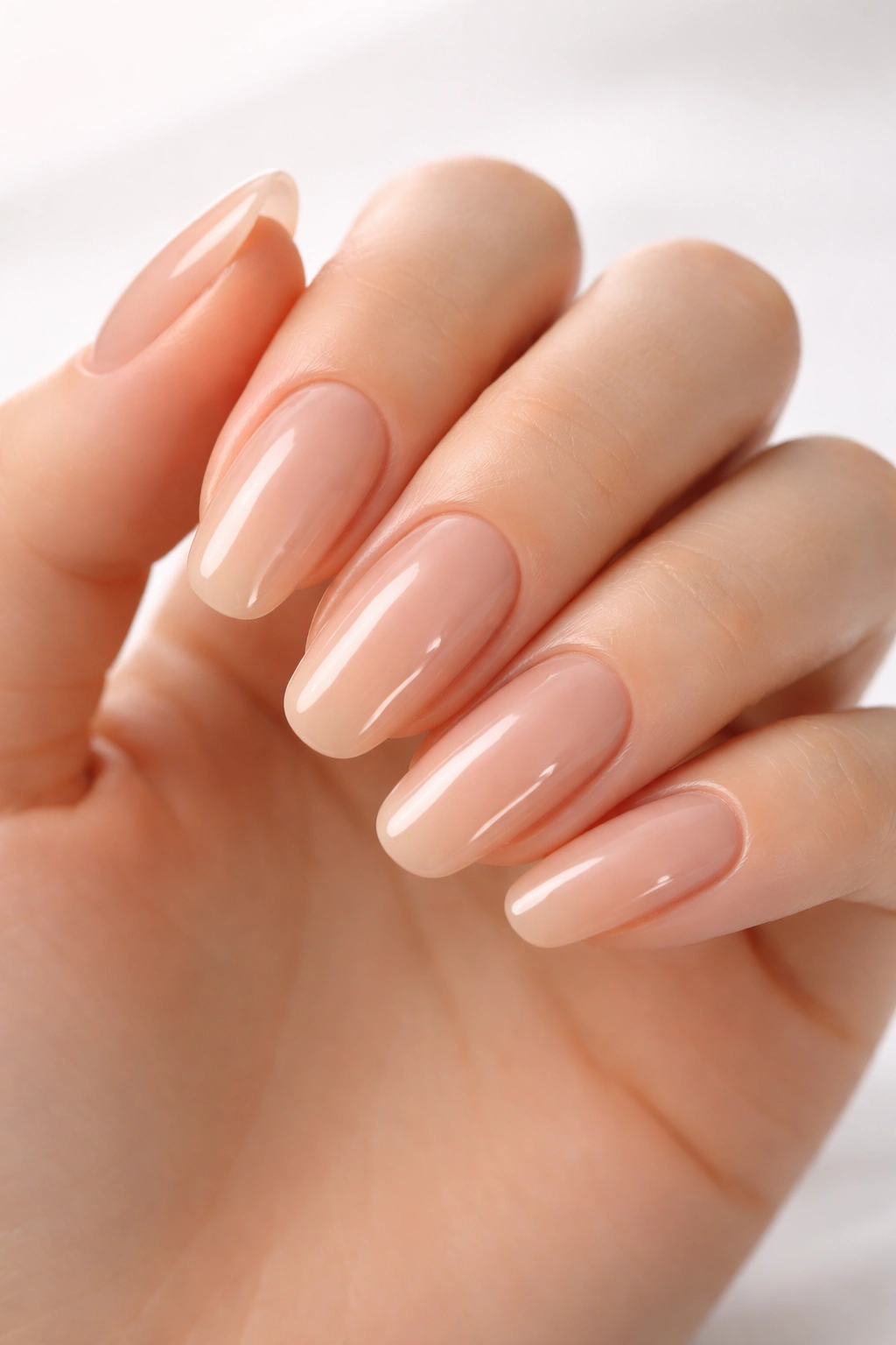 Close-up of long round nails with natural soft gel shine in nude tone