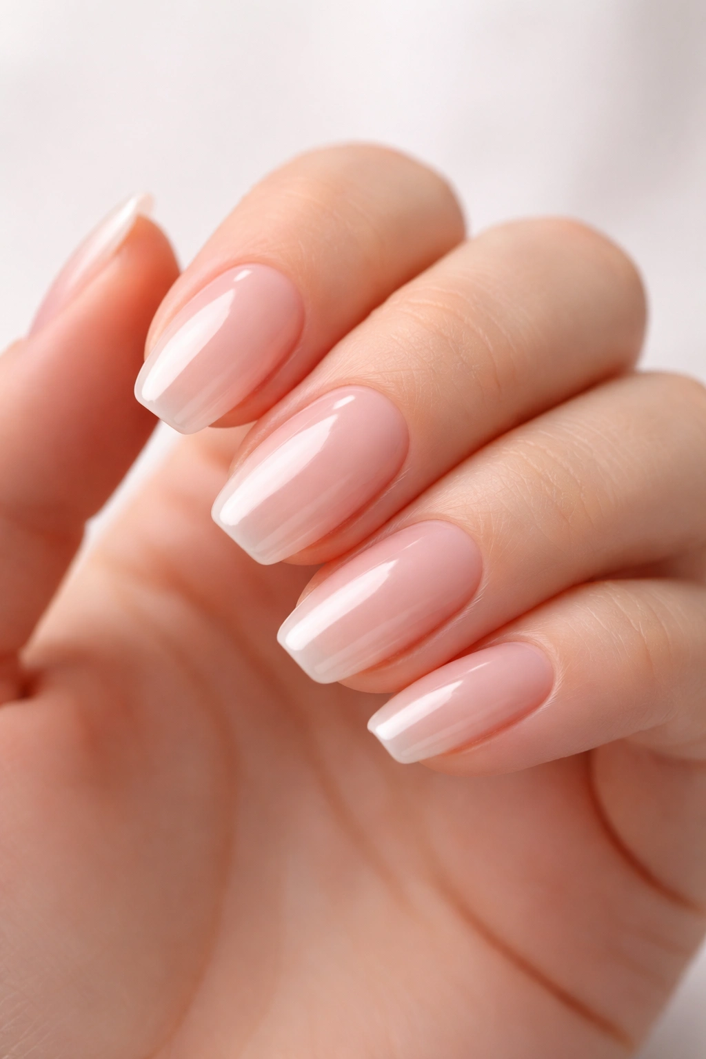 Close-up of hand with soft gel tip extensions on short nails, glossy finish