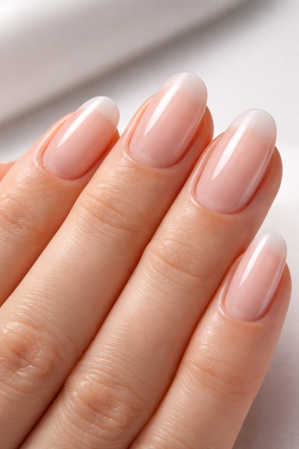 Hand with soft gel tips applied for natural look on small nail beds