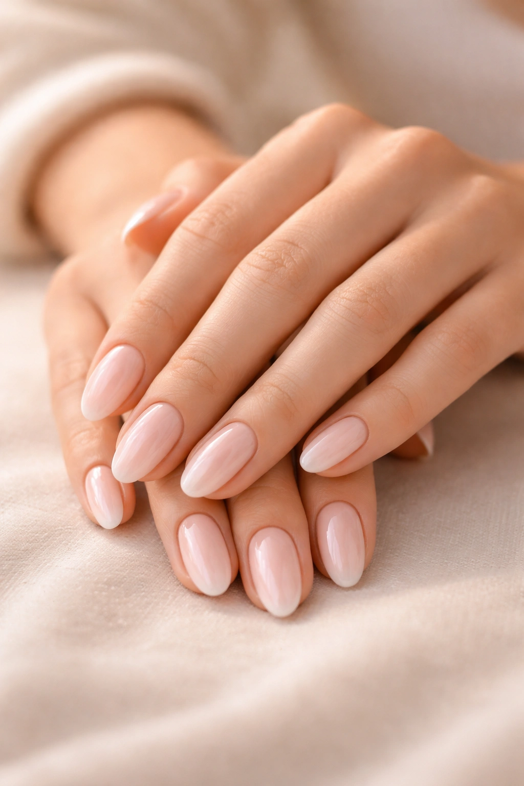 Nails with soft glam finish resting on a neutral surface