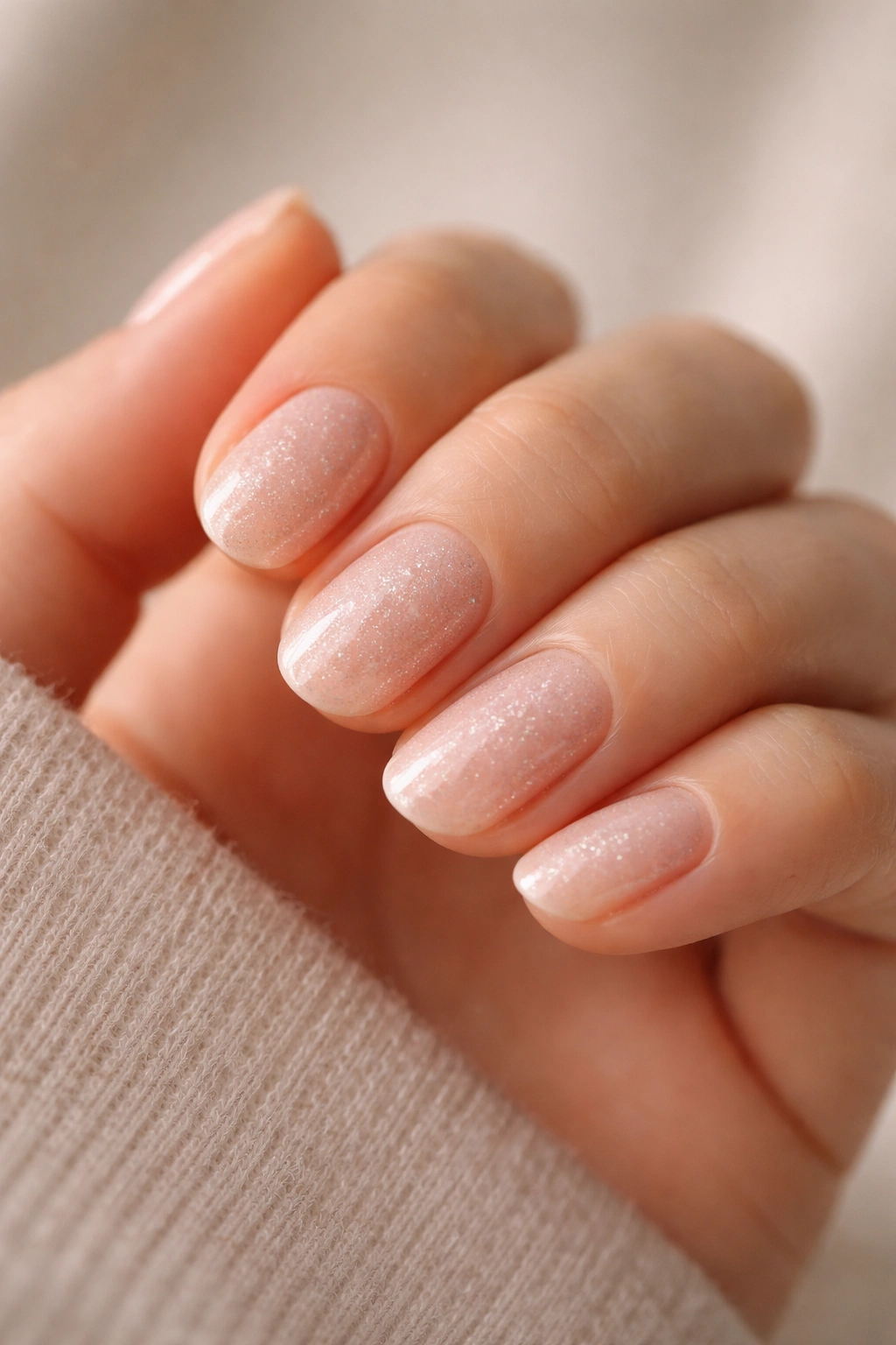 Close-up of soft glitter short oval nails with fine translucent glitter on pale base