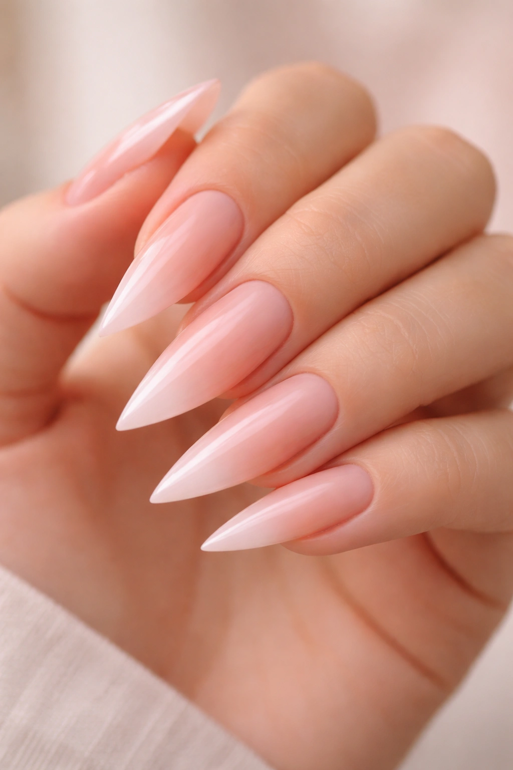 Close-up of stiletto nails with a soft peach to blush ombre on a neutral background