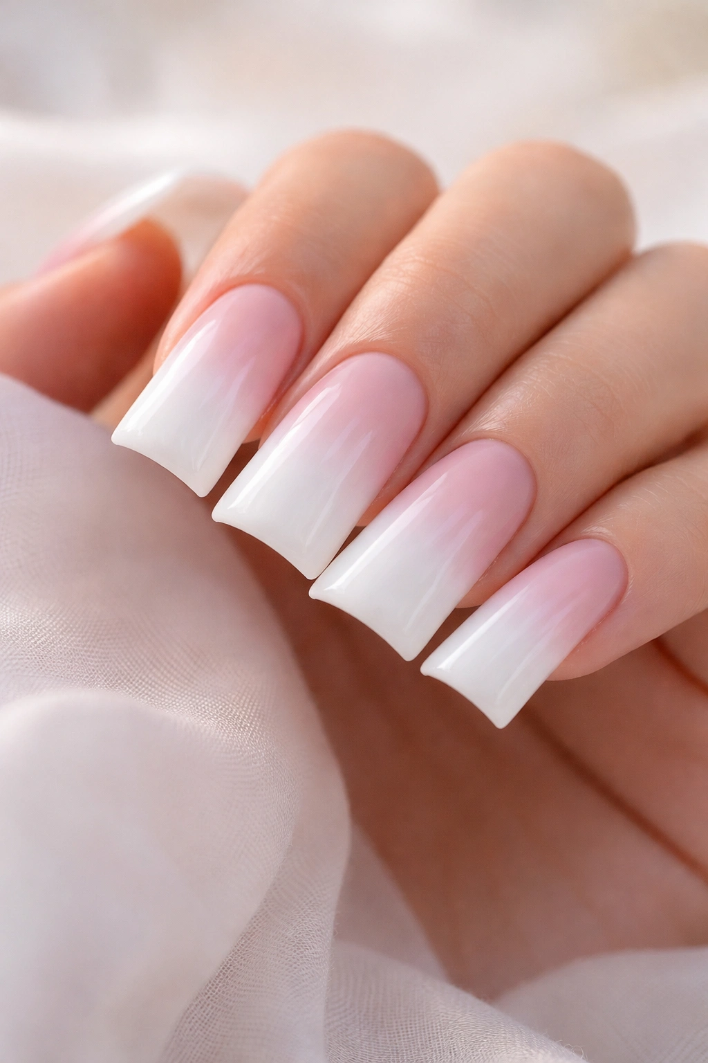 Close-up of white duck nails with soft gradient to pale pink
