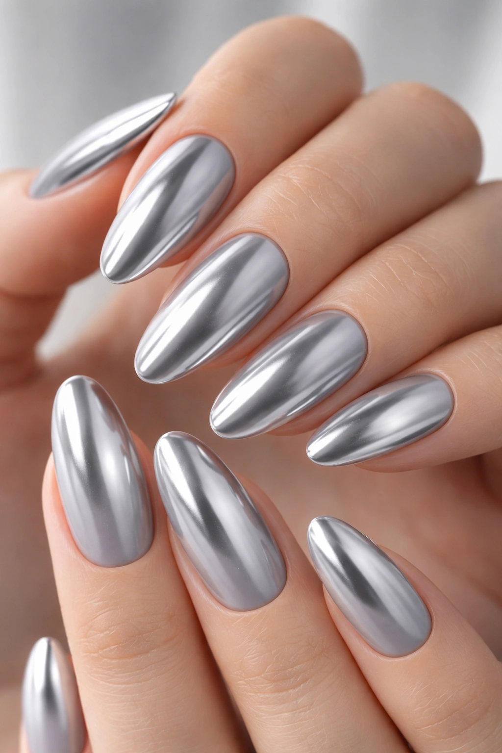 Close-up of soft gray nails with silver chrome finish on long oval nails
