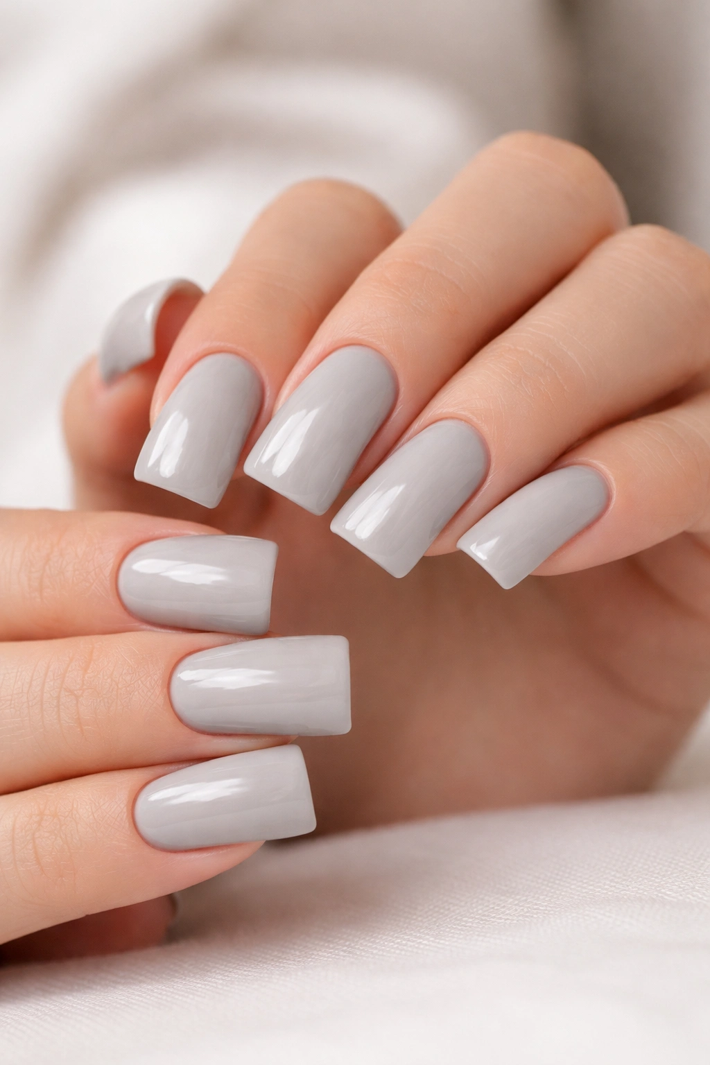 Close-up of soft gray duck nails with a subtle gloss