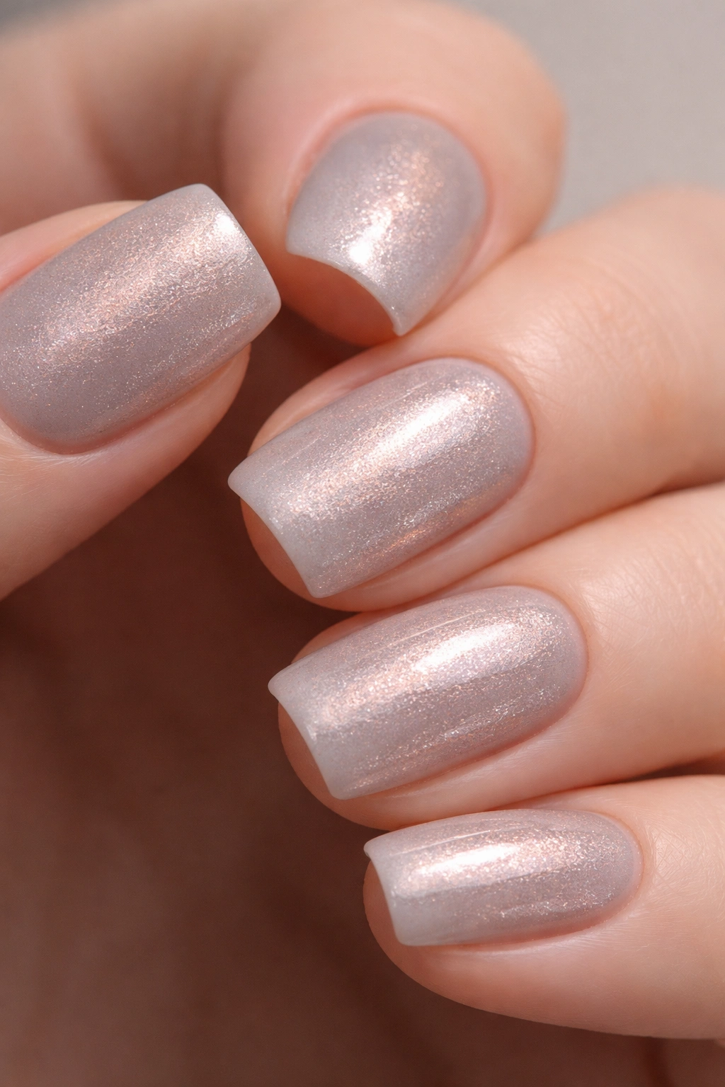 Close-up of soft gray acrylic nails with rose gold dusting